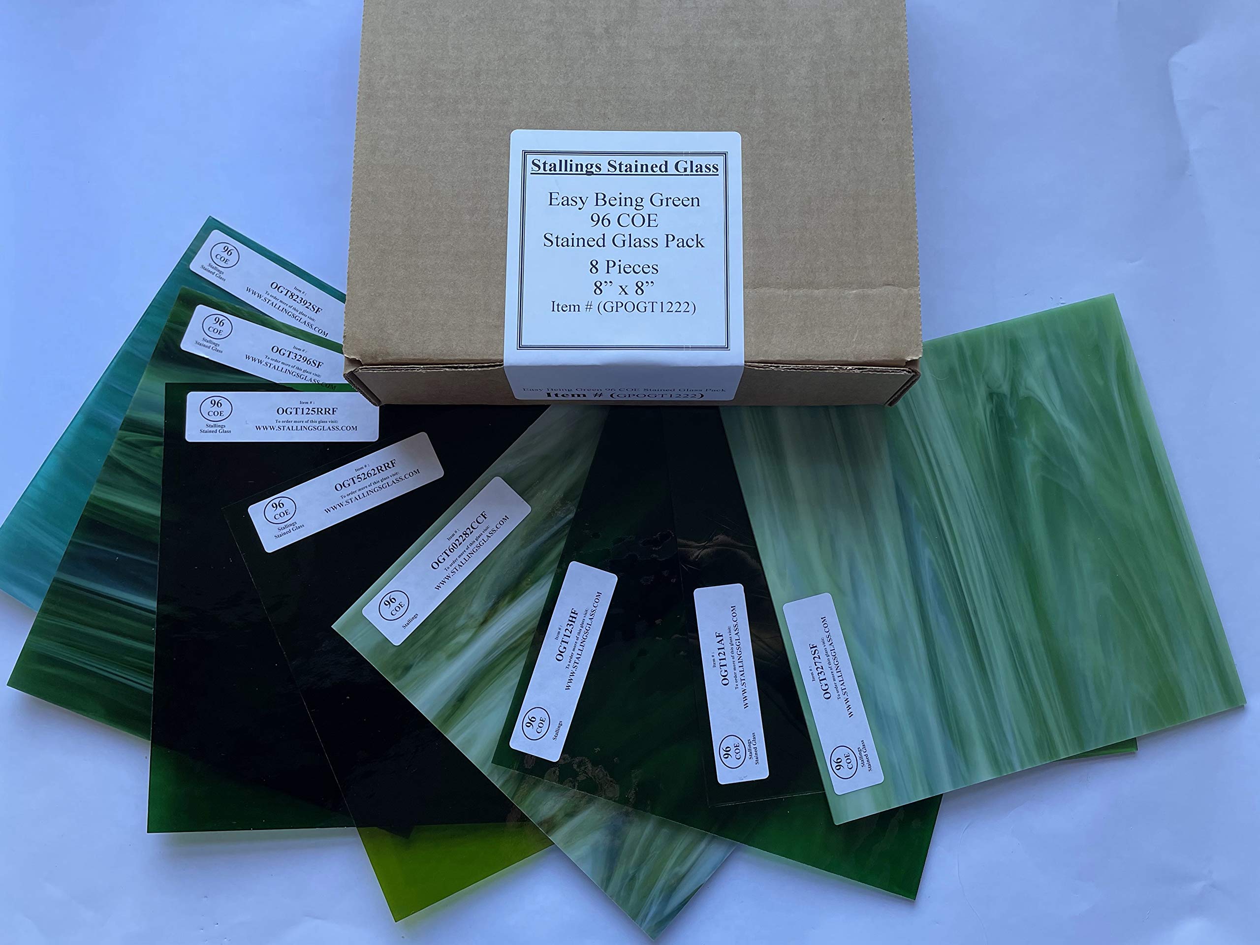 Oceanside Glass 96 COE 8 Piece Stained Glass Pack by Stallings Stained Glass (Easy Being Green 8
