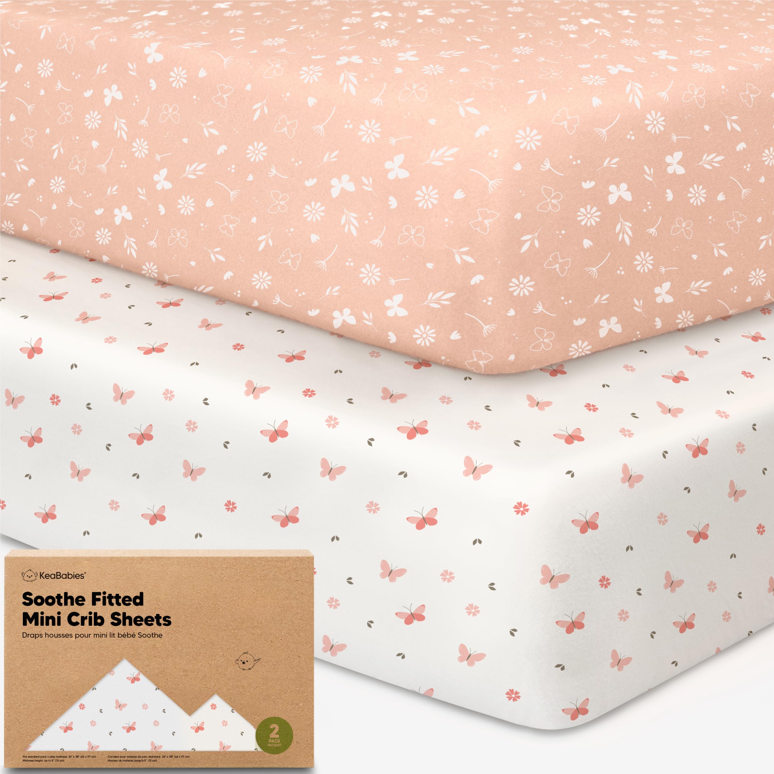 2pk Mini Crib Sheets Fitted 38x26 Pack N Play Mattress Sheet (Butterflies)