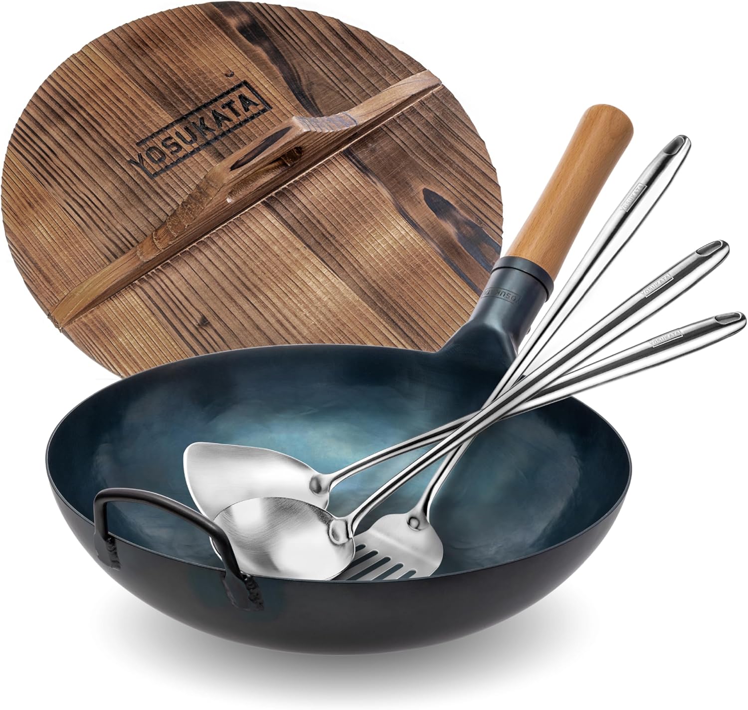 YOSUKATA 13.5” Blue Carbon Steel Wok Pan + Pre-Seasoned Blue Carbon Steel 17-inch Spatula and Ladle + Premium Wok Cover 13.5 inch Pan Lid - Thumbnail 4