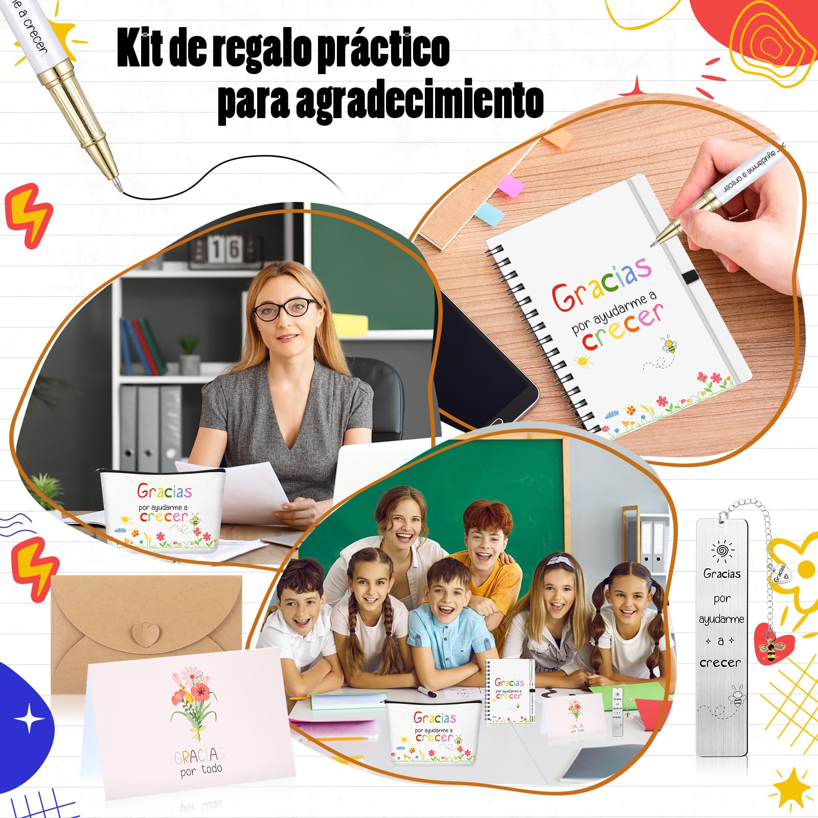Sinmoe Regalos de Agradecimiento para Profesores Incluir Cuaderno A6 Bolsa de Cosméticos Marcapáginas con Colgante Gratitud Tarjeta de Agradecimiento Doblada(Ayudarme A Crecer)