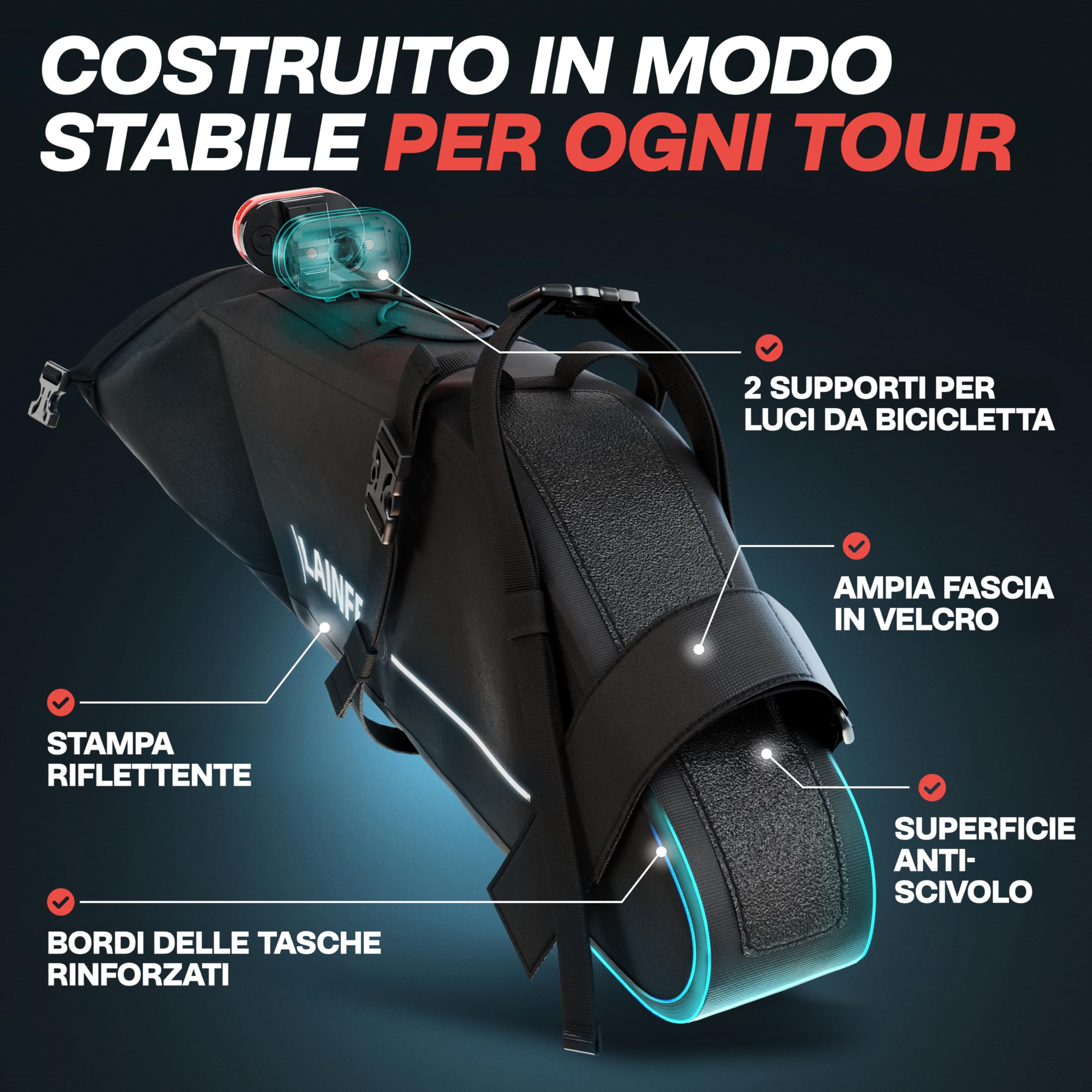 LAINFELD Borsa da sella per bicicletta [10 litri] | 100% impermeabile | stampa riflettente – Bike Packing E-Bike MTB Gravel Bike Bici da corsa Borse | Accessori per bicicletta elettrica, MTB, ghiaia e bici da corsa, borsa impermeabile