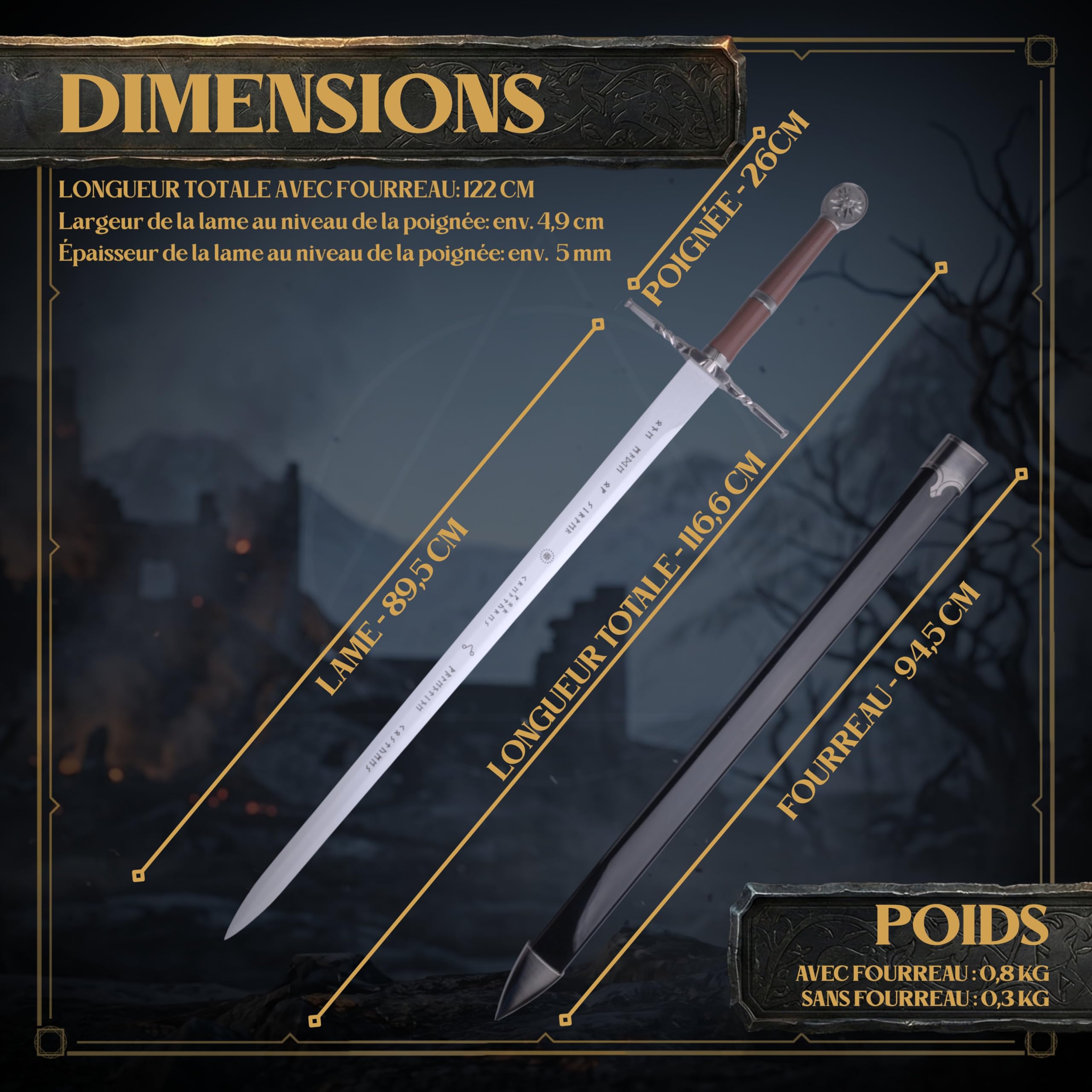 Épée Bambou Médiévale 122 cm - Inspirée par The Witcher - GN, Cosplay, Déguisement Chevalier, Décoration Murale