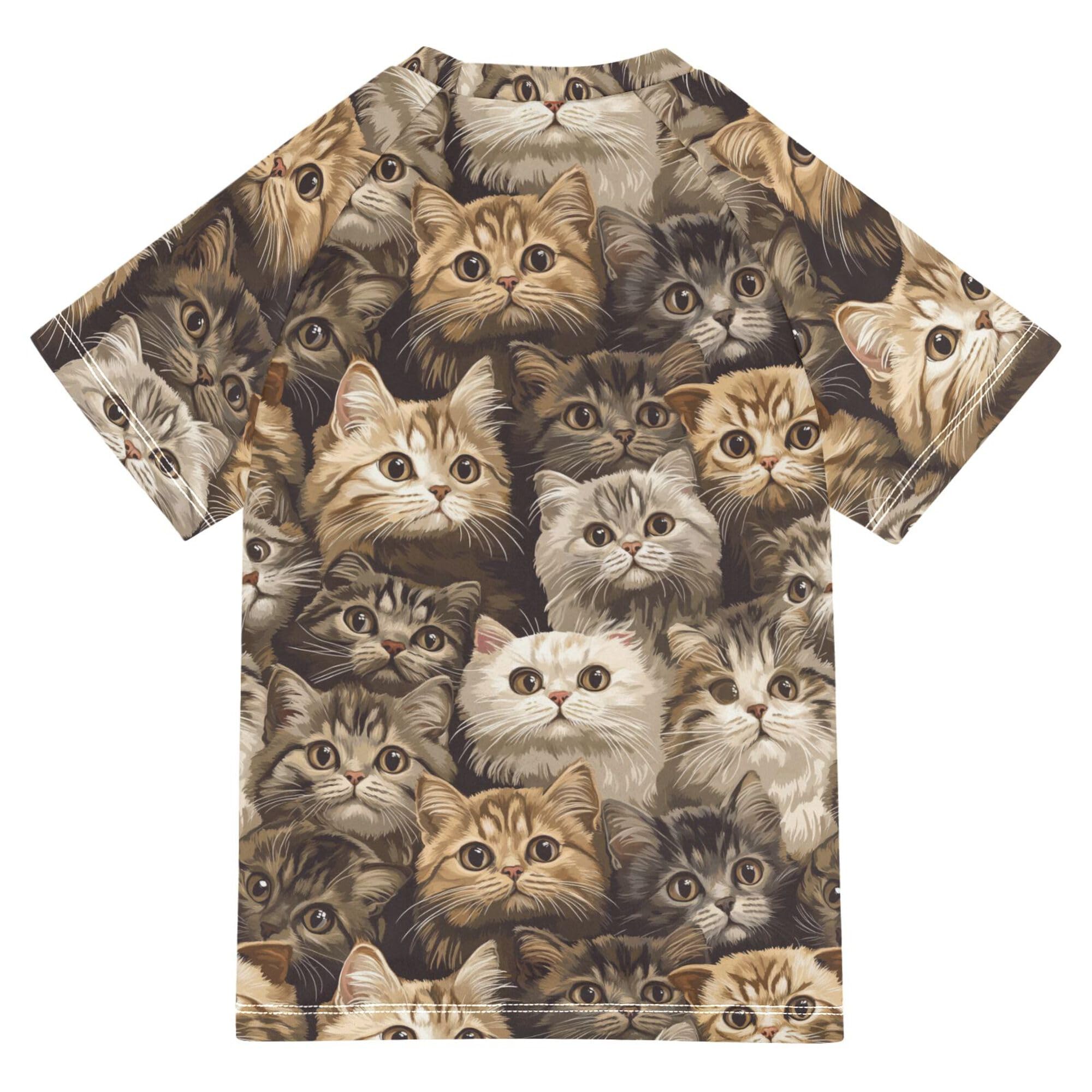 Cute Scottish Fold Cats Brown Girl Bathing Suit Short Sleeves Kids Rash Guard Swimwears Athletic Shirt for Little Boy 9-10Y