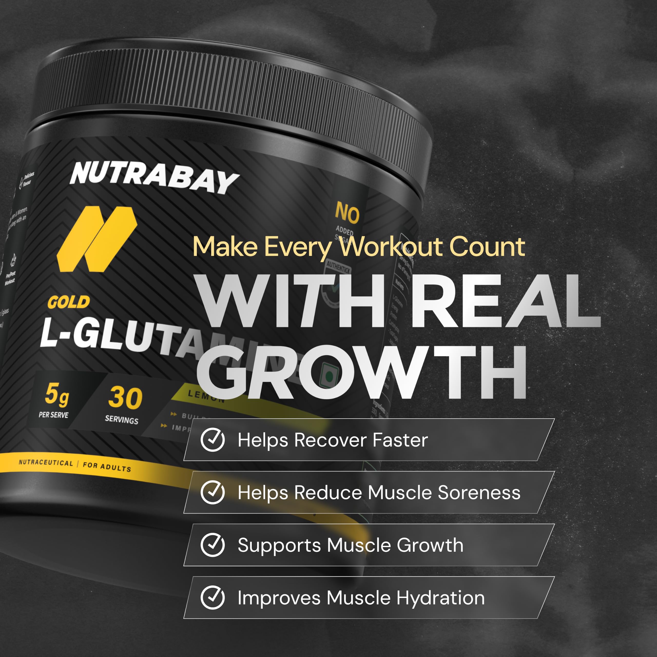 Nutrabay Gold L-Glutamine Supplement Powder 180g, Lemon Flavor β Post Workout Amino Acid for Muscle Growth & Recovery | 100% Authentic Supplement | No Banned Substances | Tested for Purity 2