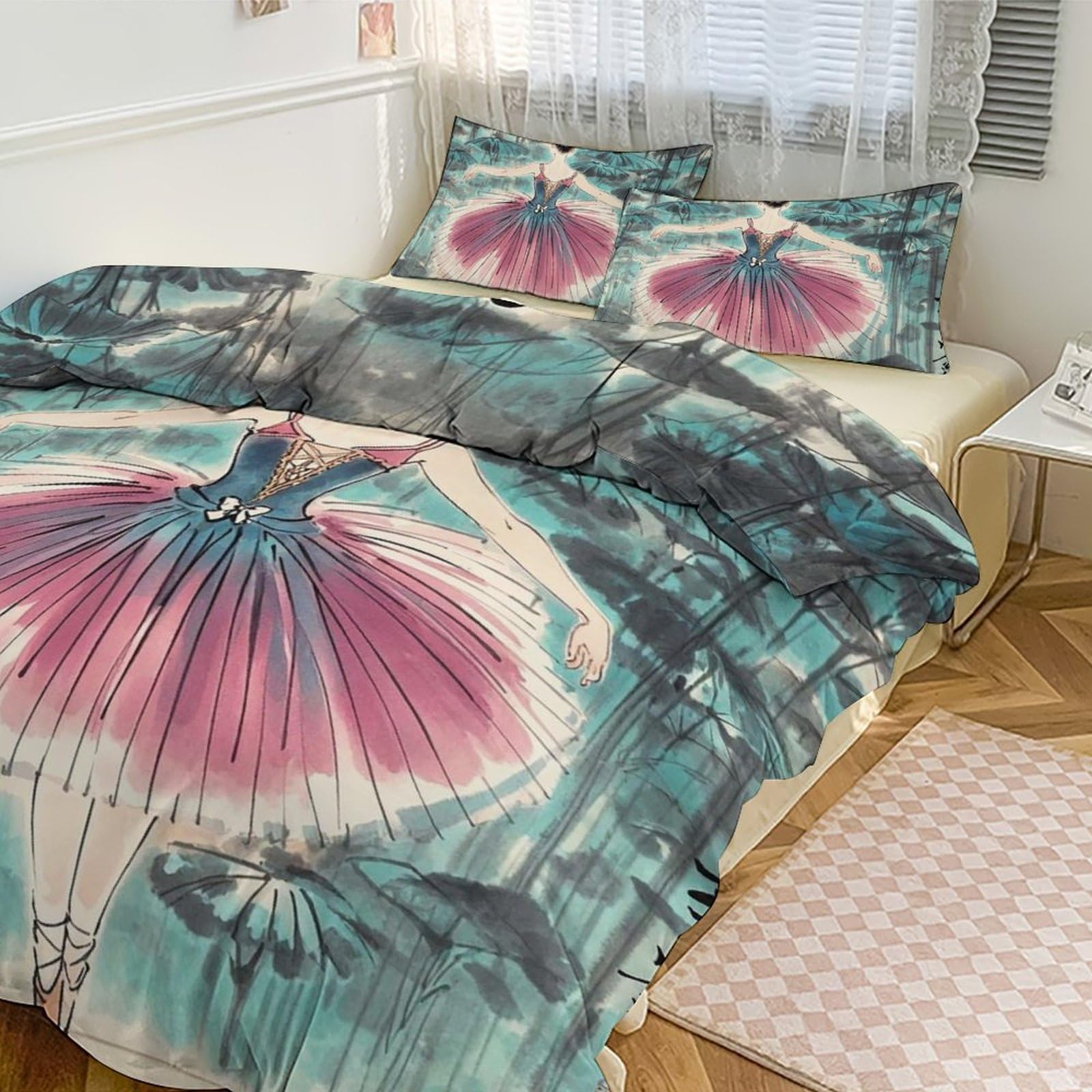 Housse de couette grand lit 3 pièces ballerine avec 2 taies d'oreiller zippée