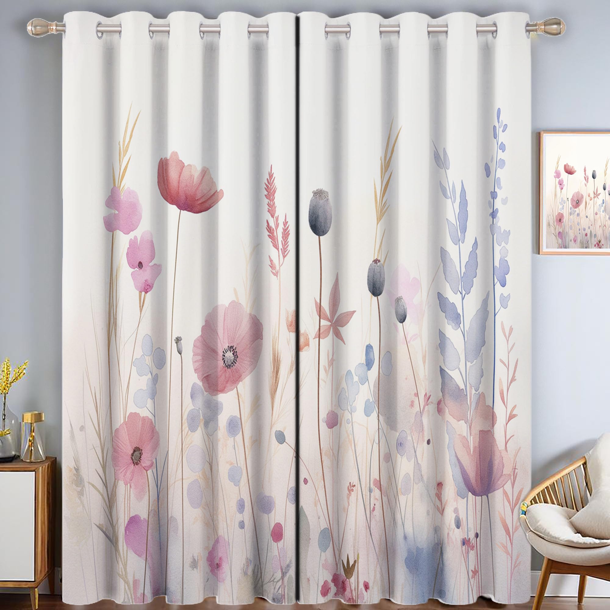 Rideau coquelicot aquarelle pour salon, paire de tentures occultantes fleuries rose tendre