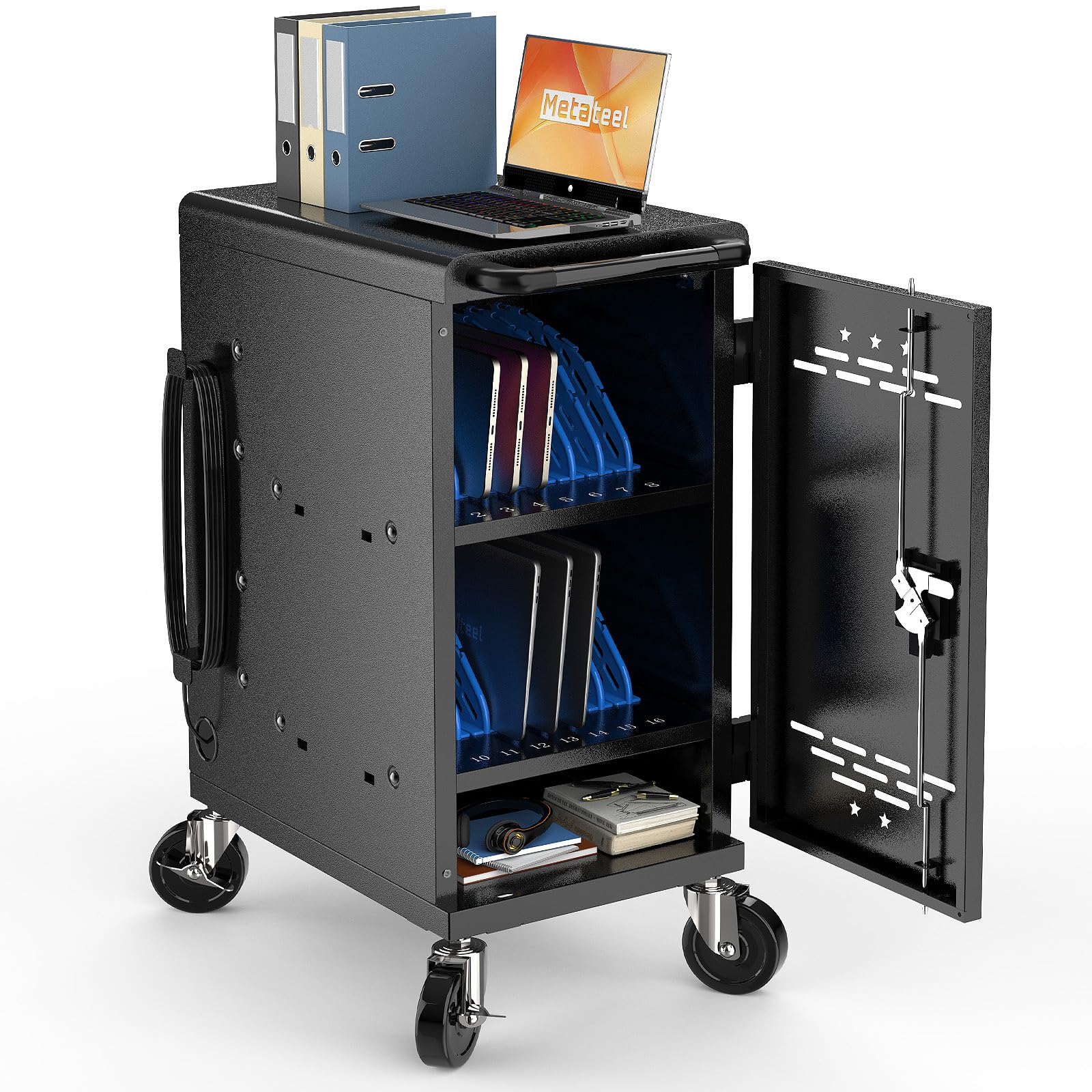 Meteteel 16 Device Charging Cart for Chromebook Laptop Tablet Black