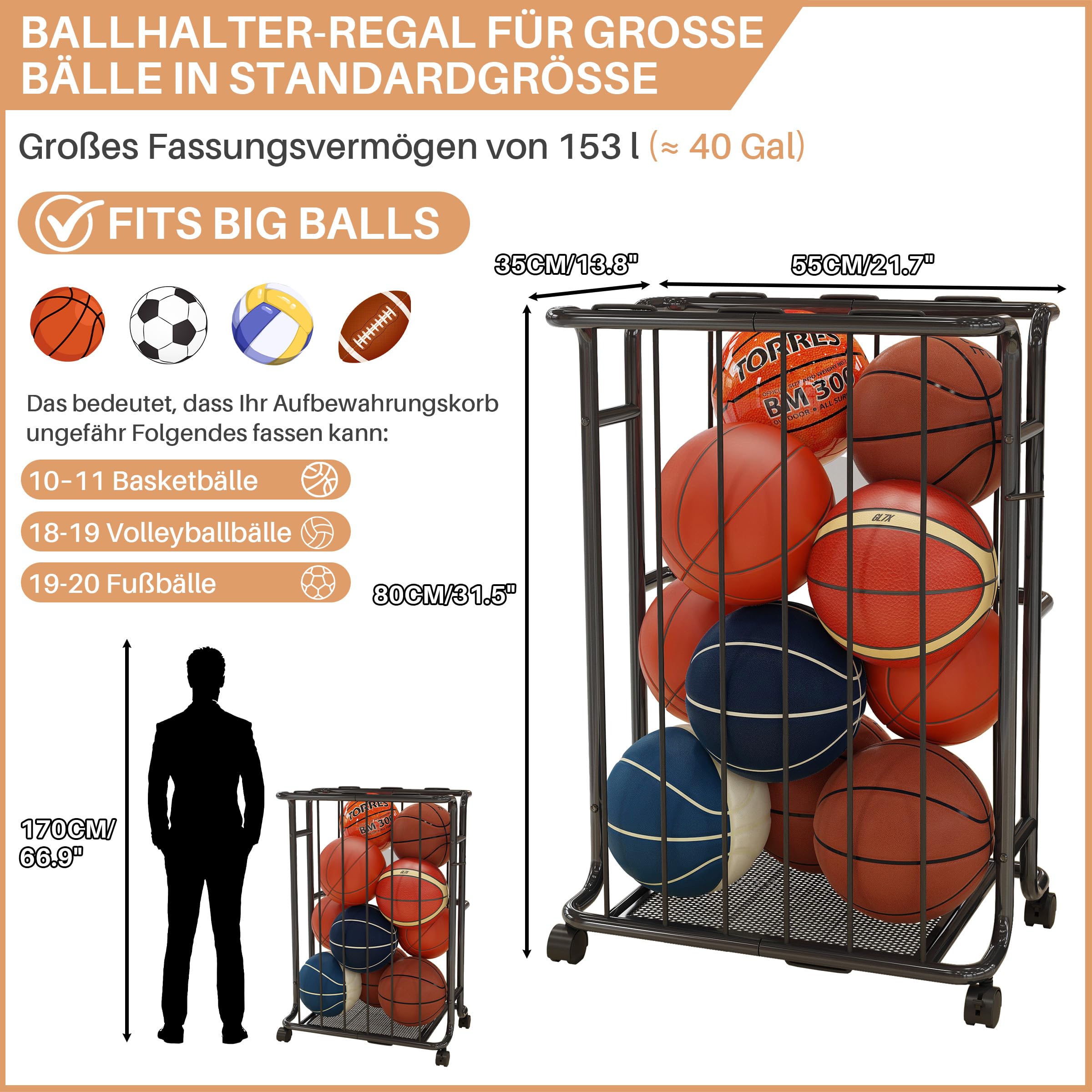 Großes Ballregal, 139 Liter Fassungsvermögen, mit Rollen zum Verschieben. Geeignet für Basketbälle, Fußbälle, Rugbybälle und andere Sportbälle. Für den Innen- und Außenbereich geeignet.