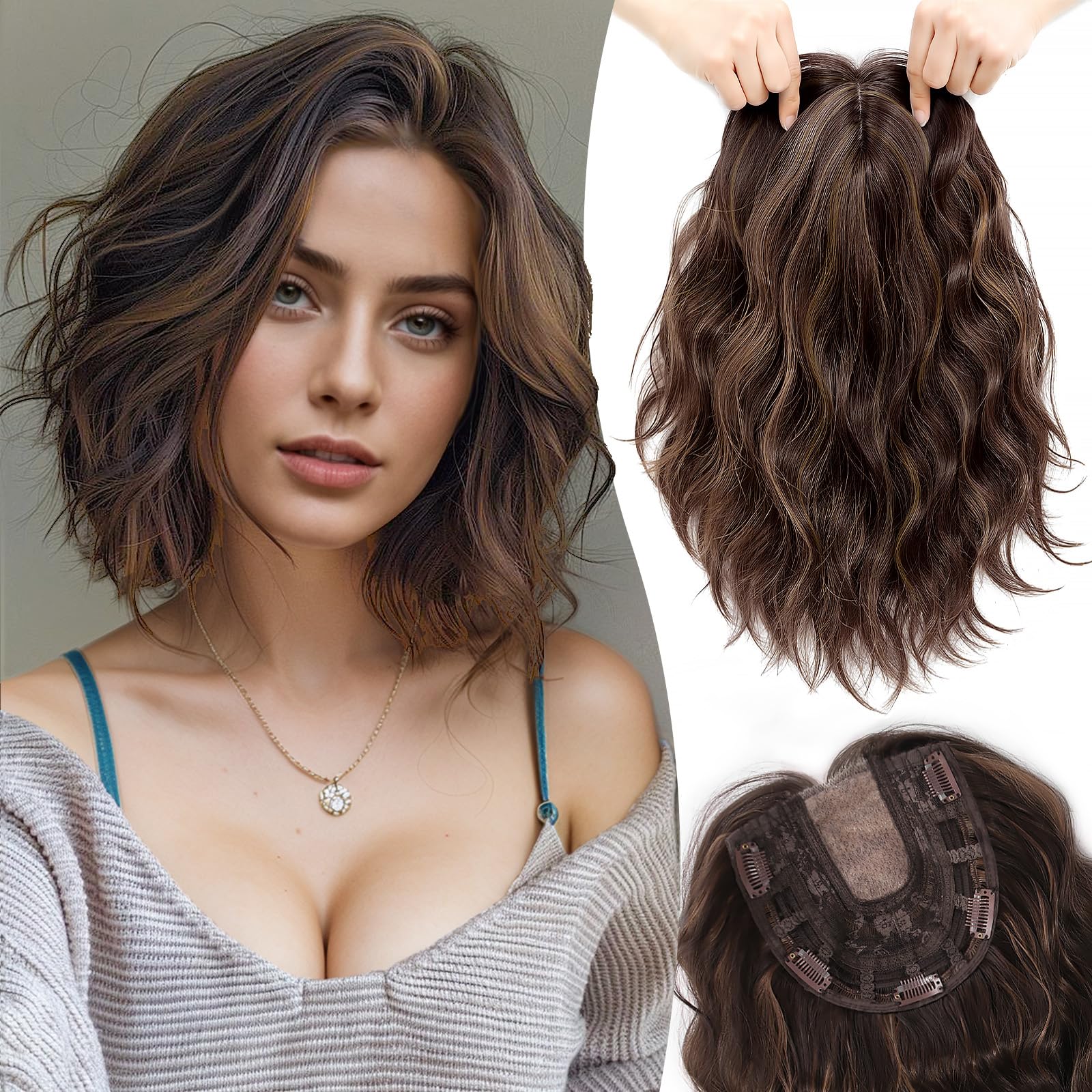 Photo 1 of CROWN GUIDE 11 Inch Short Wavy Hair Topper for Women, 6.5"x6.5" Base Clip in Hairpiece, Synthetic Lightweight Breathable, for Thinning Hair & Gray Roots, Instant Volume & Coverage