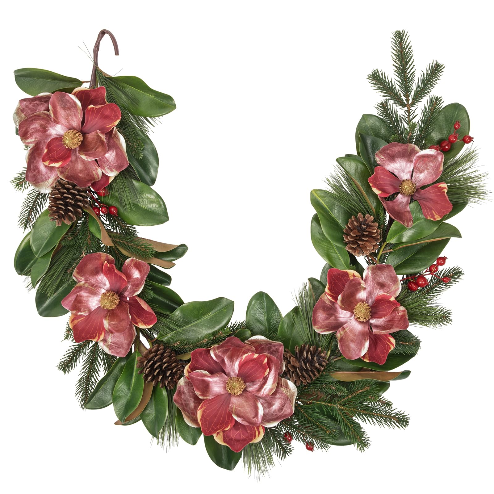 Photo 1 of Briful 5FT Christmas Magnolia Flower Garland with Pine Cones Berries Artificial Silk Floral Vine Faux Flower Garland for Xmas Backdrop Table Wall Wedding Party Home Decor
