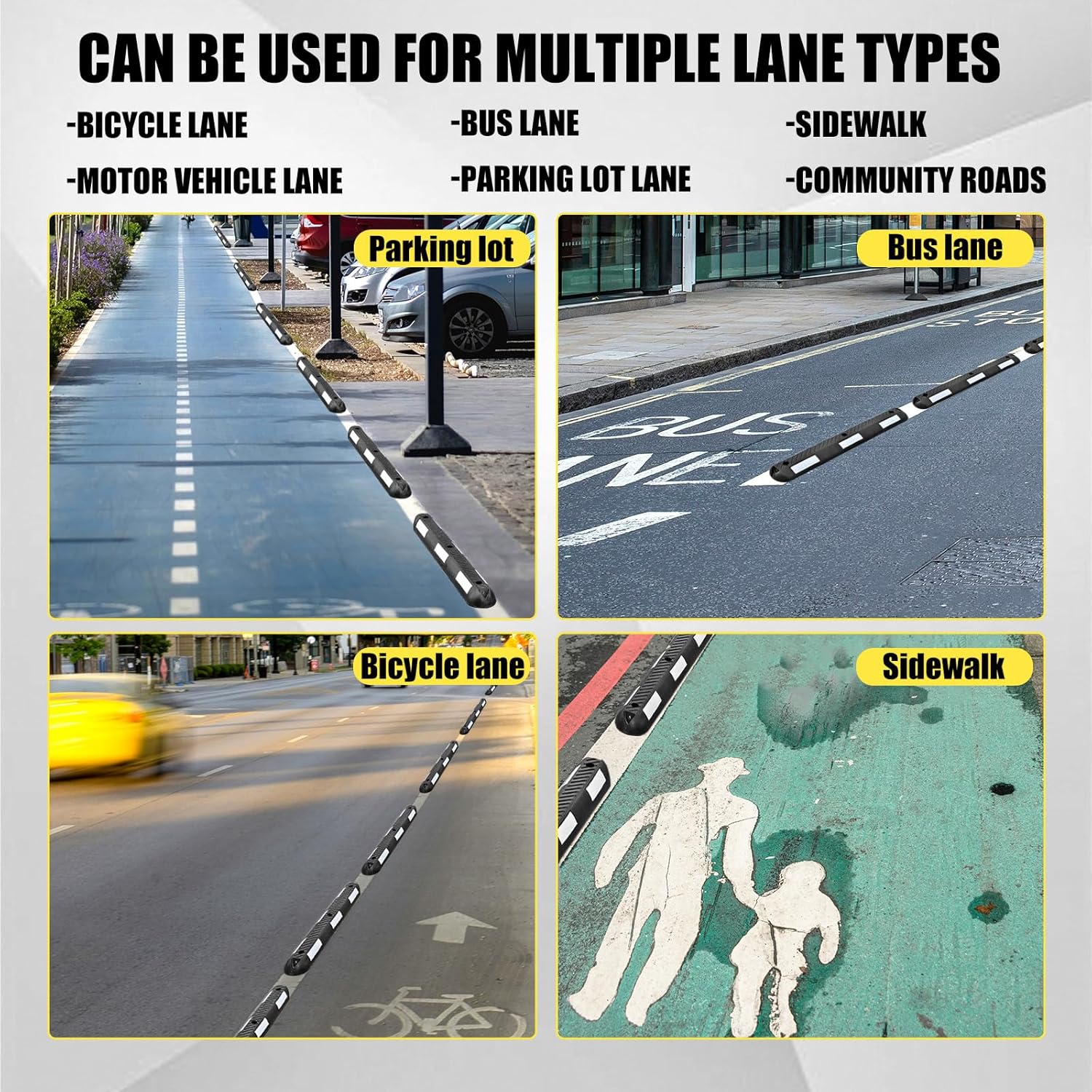 2 Pcs Traffic Lane Divider with Reflectors, Parking Lot Space Separator Curb System, Road Delineator Channelizer, 3.3FT Black