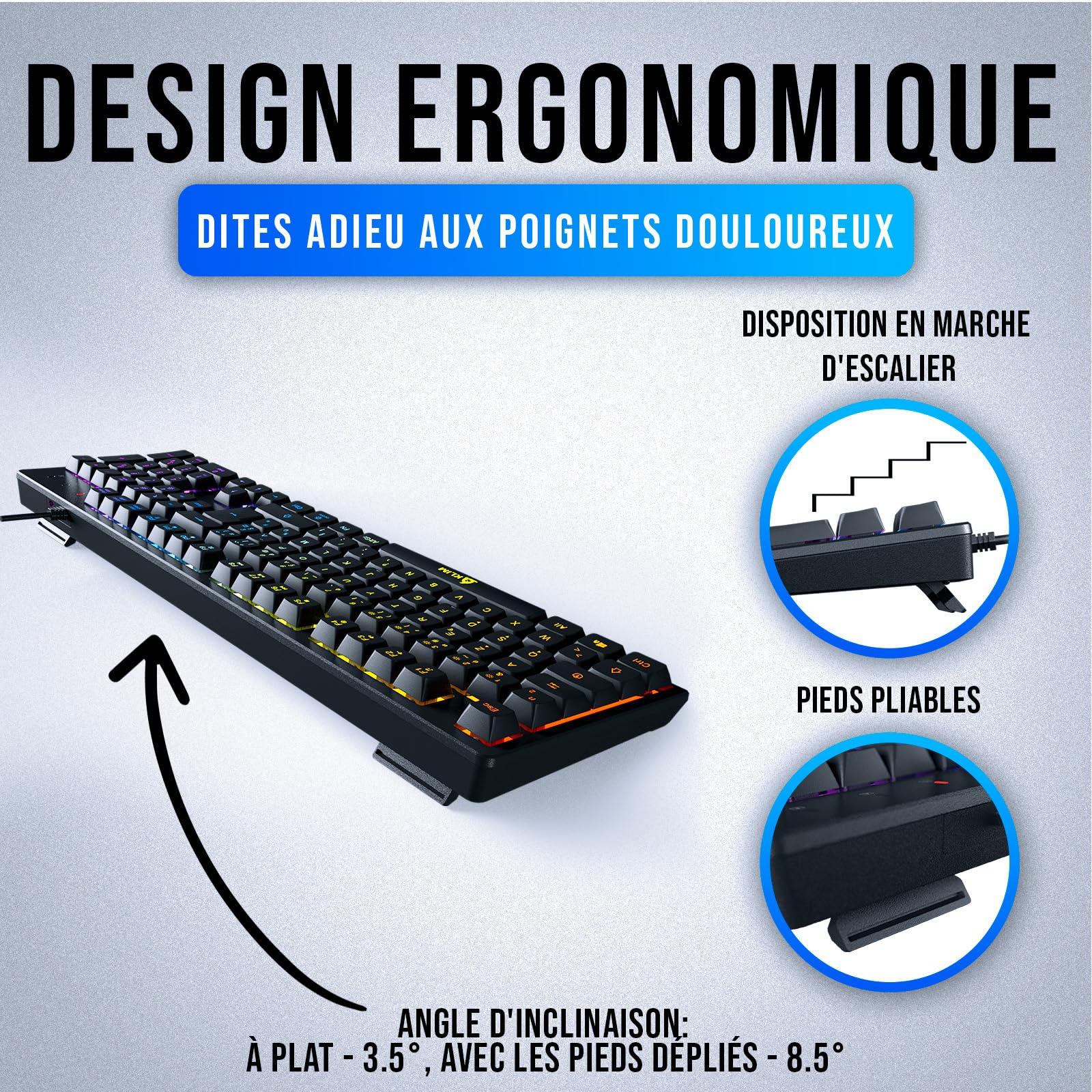 KLIM Chroma Clavier Gamer AZERTY FR - Nouveauté - Silencieux USB - Clavier Filaire Rétroéclairé LED - PC Gaming PS4 PS5 Mac - Noir