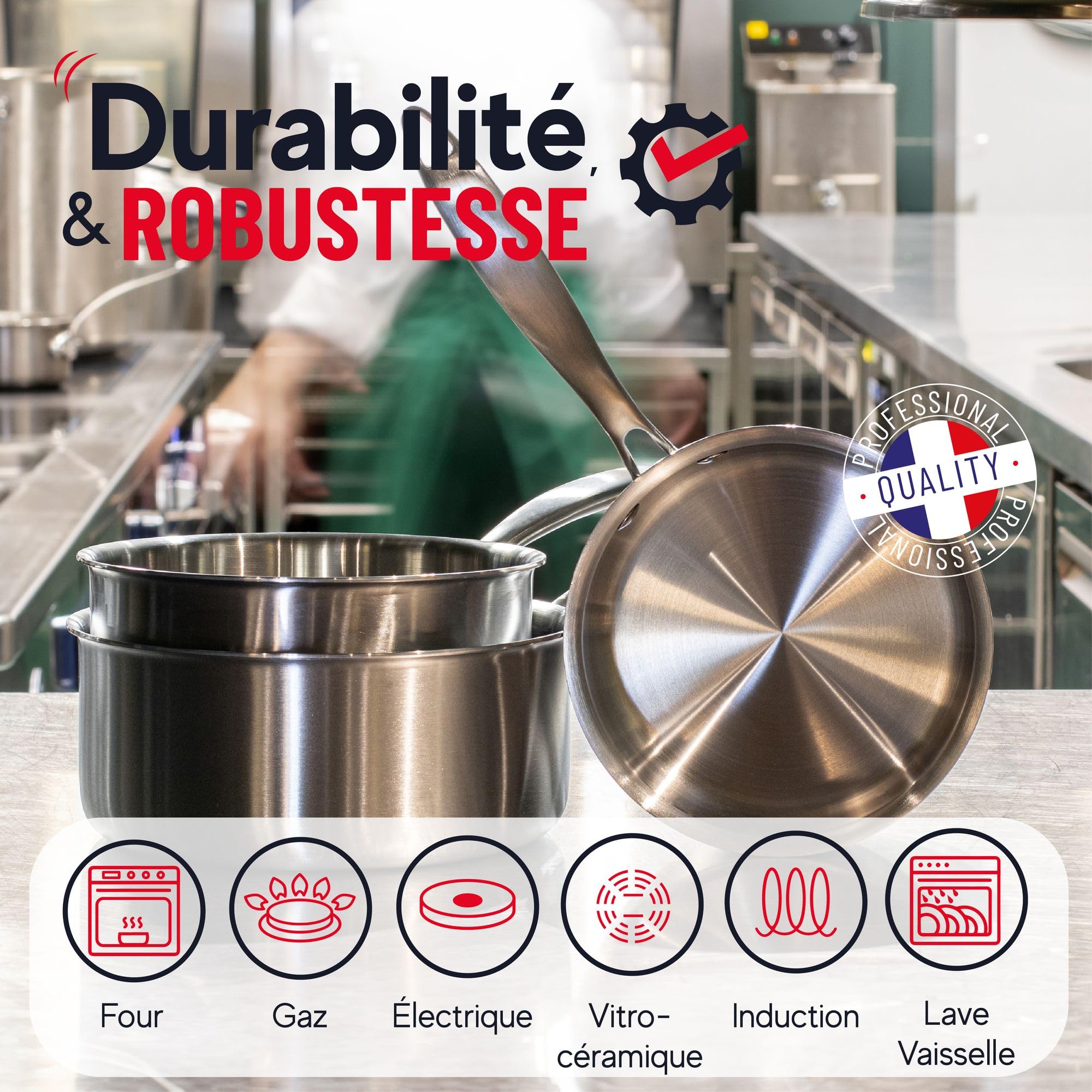 MENASTYL - Batterie de cuisine 7 pièces inox 18/10 Triply tous feux dont induction fabriquée en France sans PFAS - Compatible lave-vaisselle - 3 poêles, 3 casseroles, 1 wok - Poignée rivetée - 6014203