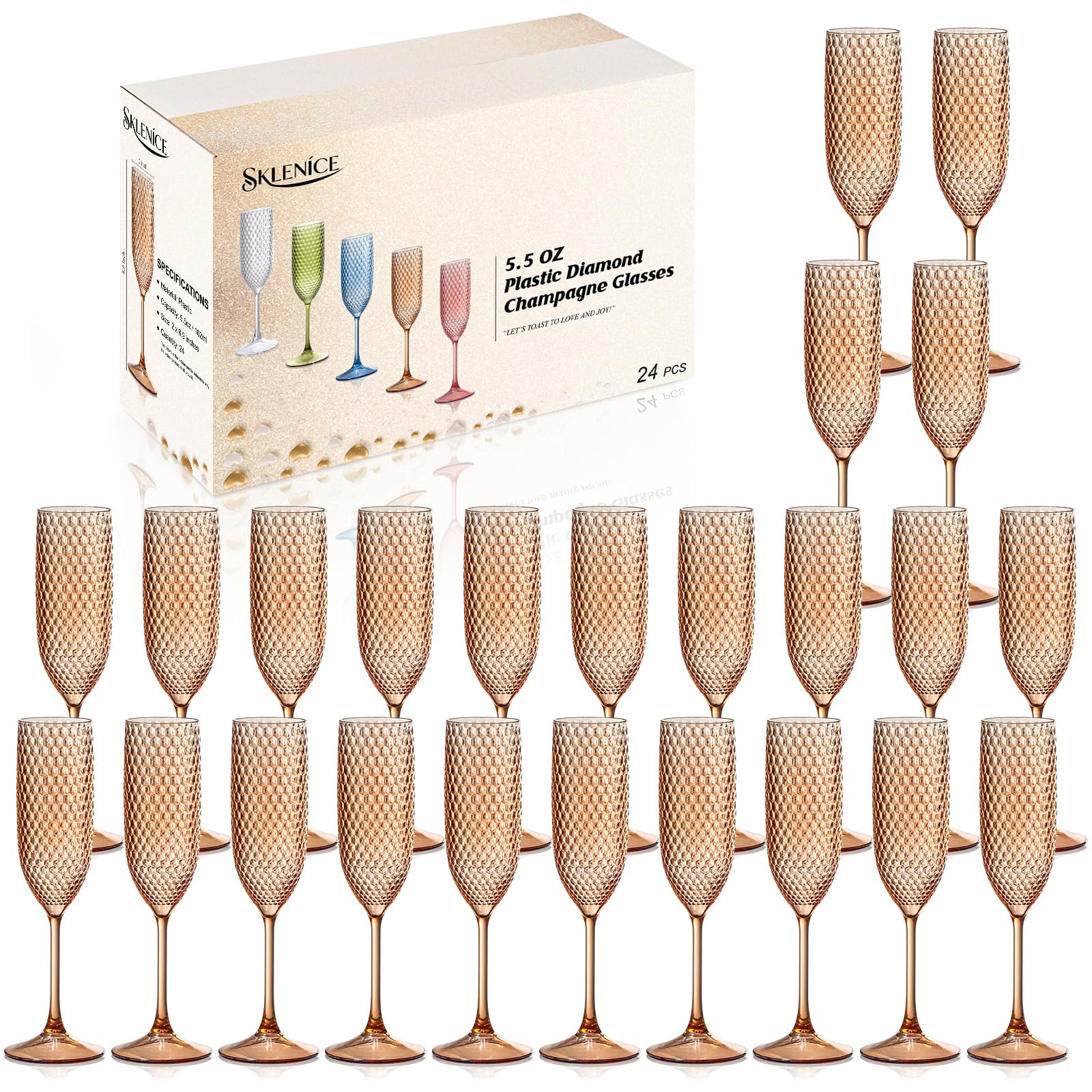 Champagnergläser aus Kunststoff, Rotgold, unzerbrechlich, für Hochzeit, Toastgläser, Diamant-Weingläser, kristallklar, Party, Weinbecher, Vintage-Trinkgläser, 156 ml, für Brautparty, 24 Stück