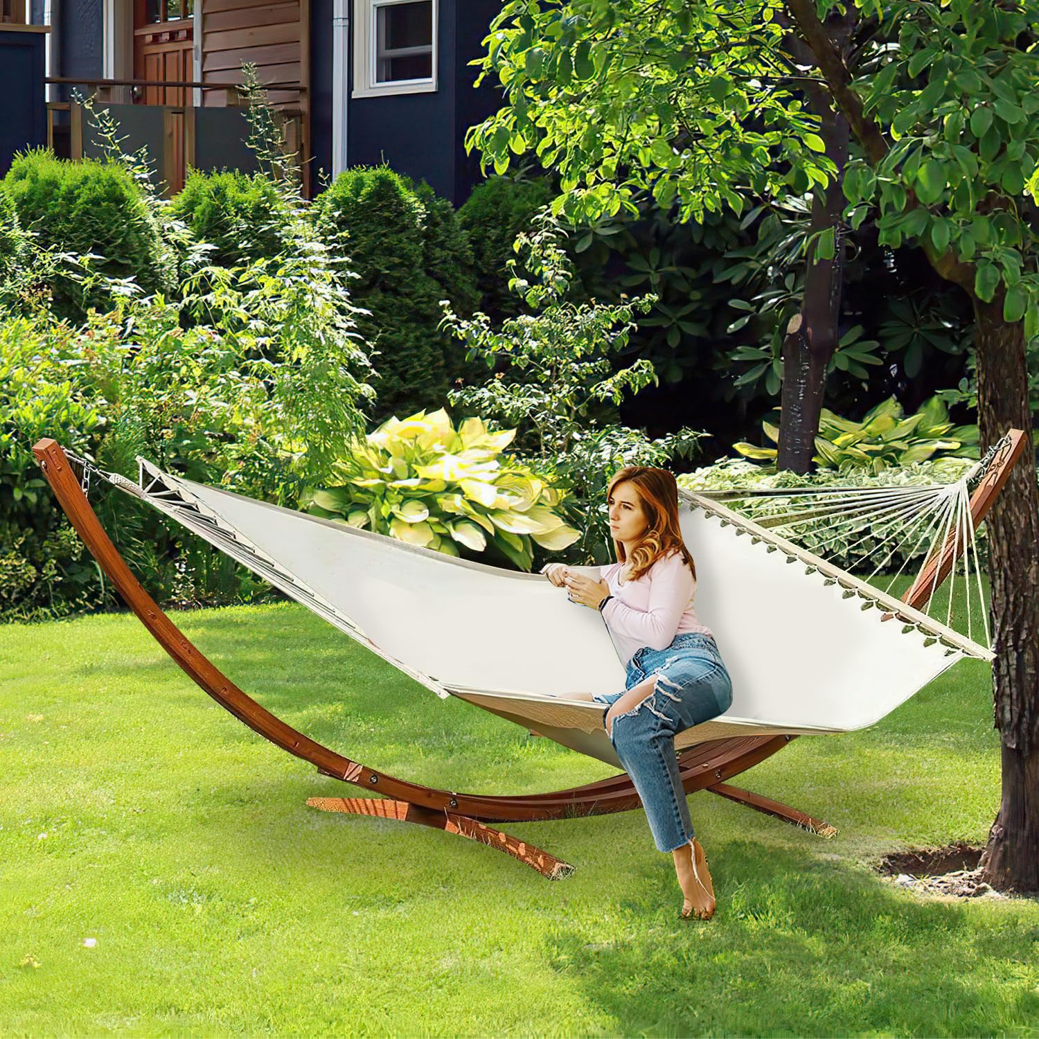 Hängematte mit Gestell und Sonnendach, Hammock aus wetterfestem Lärchenholz, bis 200kg, Stabhängematte für 2 Personen Outdoor und Indoor