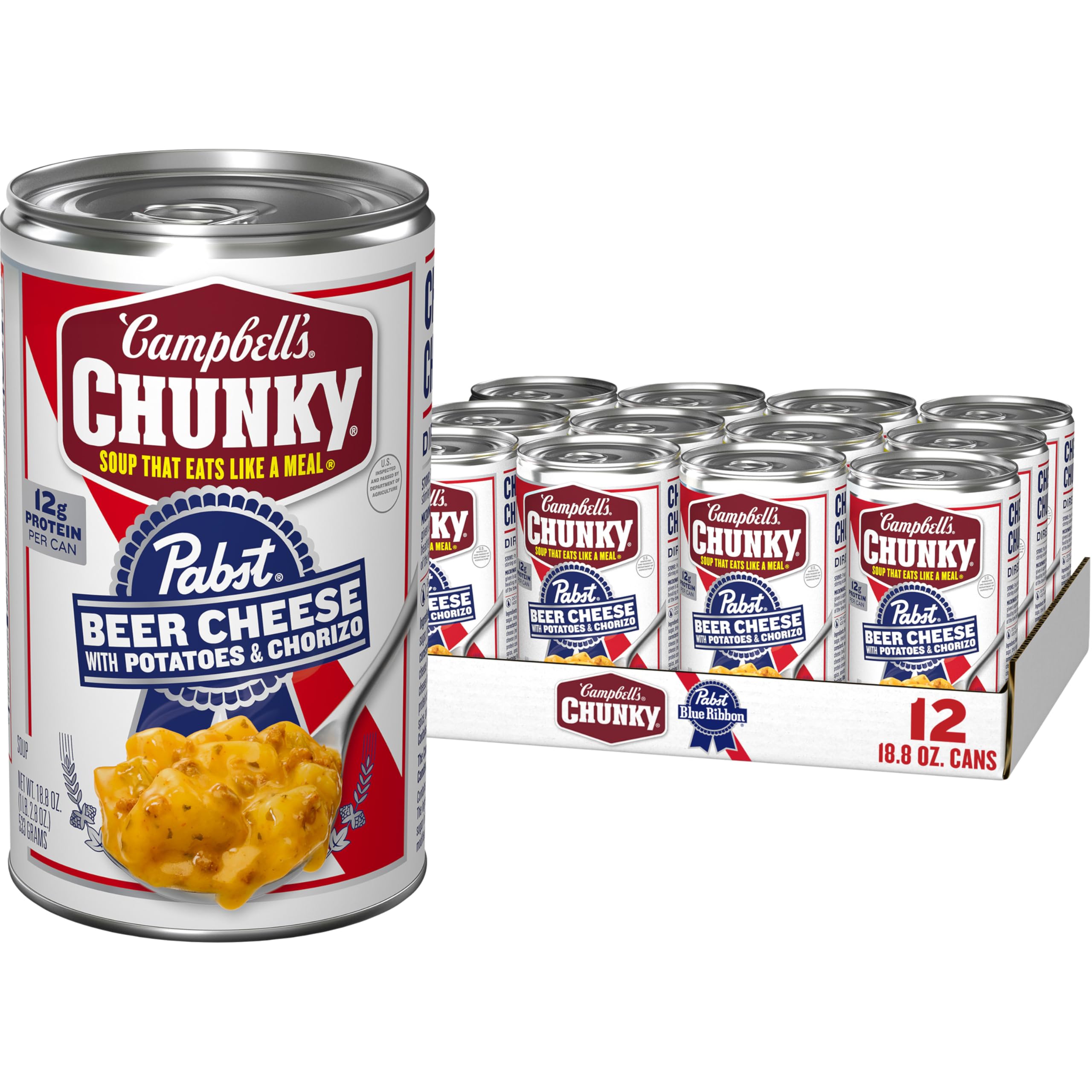 Campbell’s Chunky x Pabst Blue Ribbon Beer Cheese with Potatoes & Chorizo Soup, 18.8 oz Can (Pack of 12)