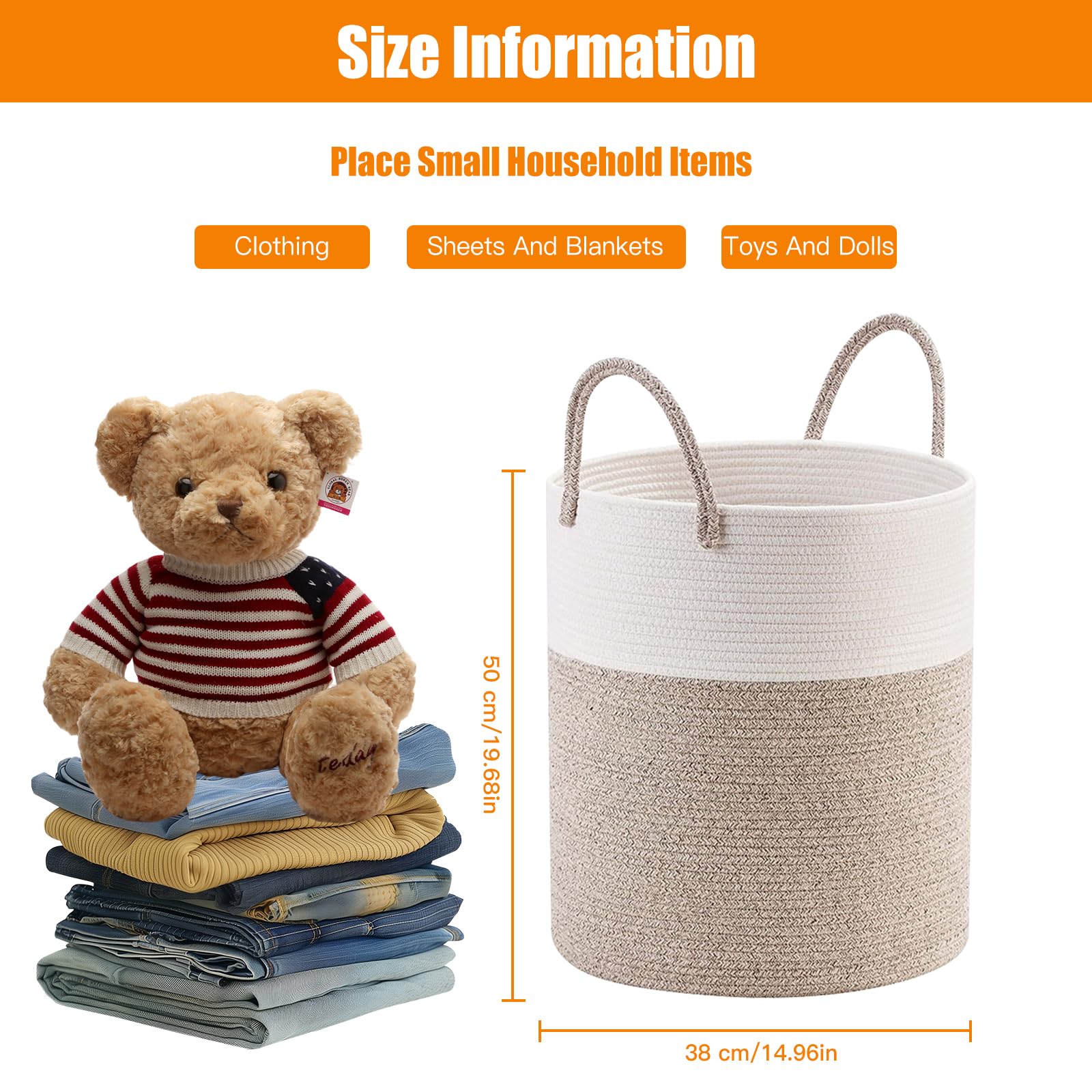 Grand Panier à Linge / Jouets En Corde De Coton 50 X 38 Cm - Style Nordique Tressé Blanc & Café - Pliable & Poignées Renforcées