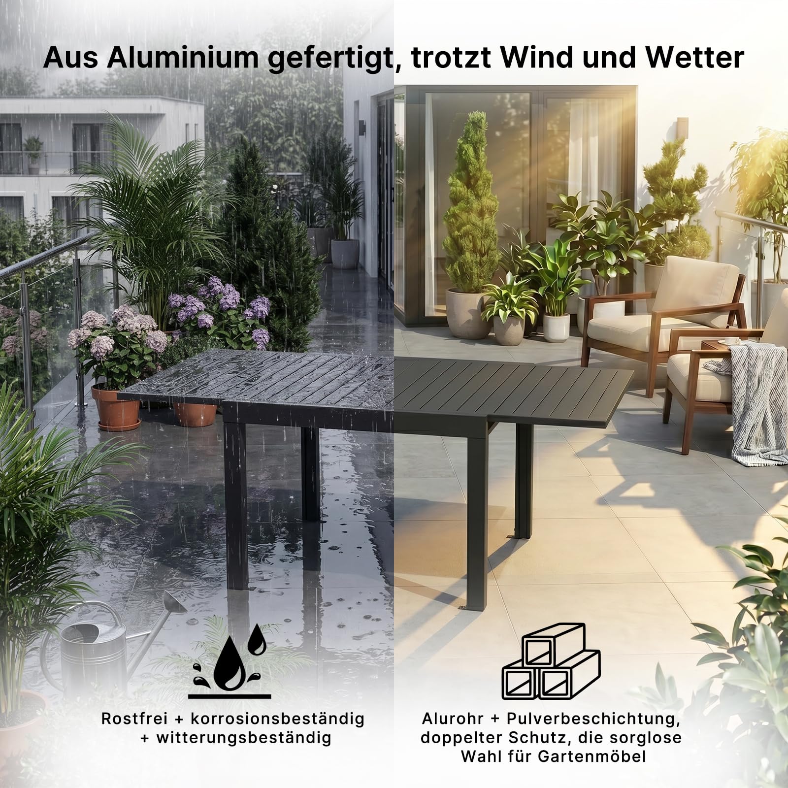 TRIUMPHKEY Gartentisch Ausziehbar, Gartentisch Wetterfest mit Aluminium, 80/160 x 75cm Esstisch Ausziehbar für 4-6 Personen, Geeignet als Gartentisch Partytisch Balkontisch, Dunkelgrau