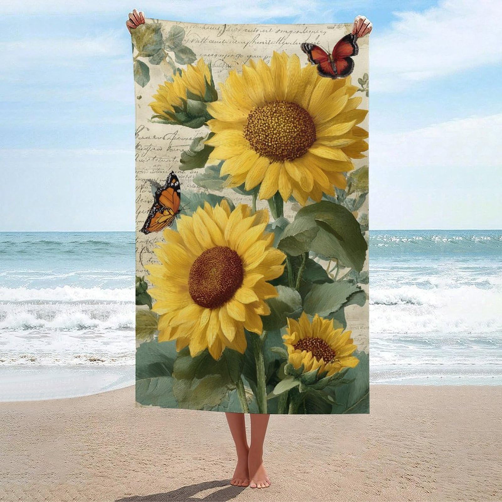 asbwuo Retro Sunflowers Butterflies Vintage Beach Towel