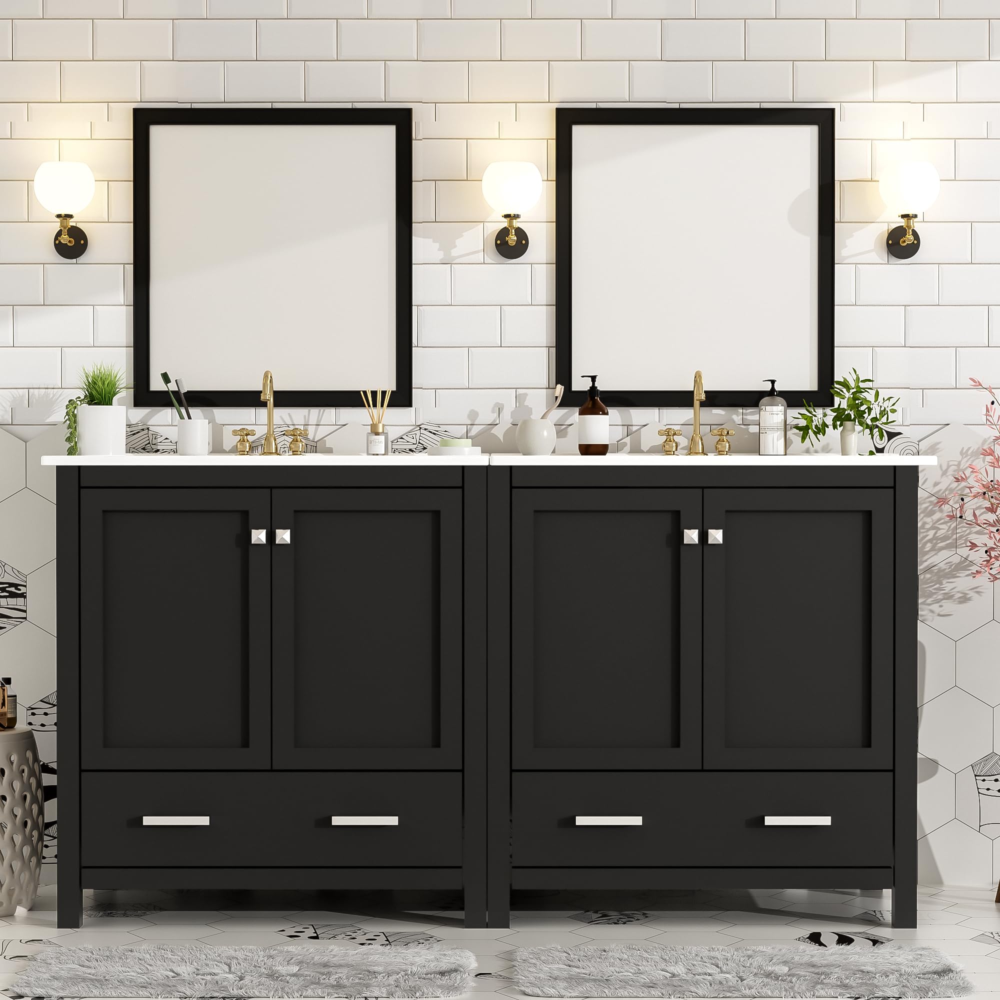 Merax 60" Bathroom Vanity Set with Double Vanities (Separate),Double Ceramic Sinks,Storage Shelf,and Divided Drawers (Mirror not Included),Modern