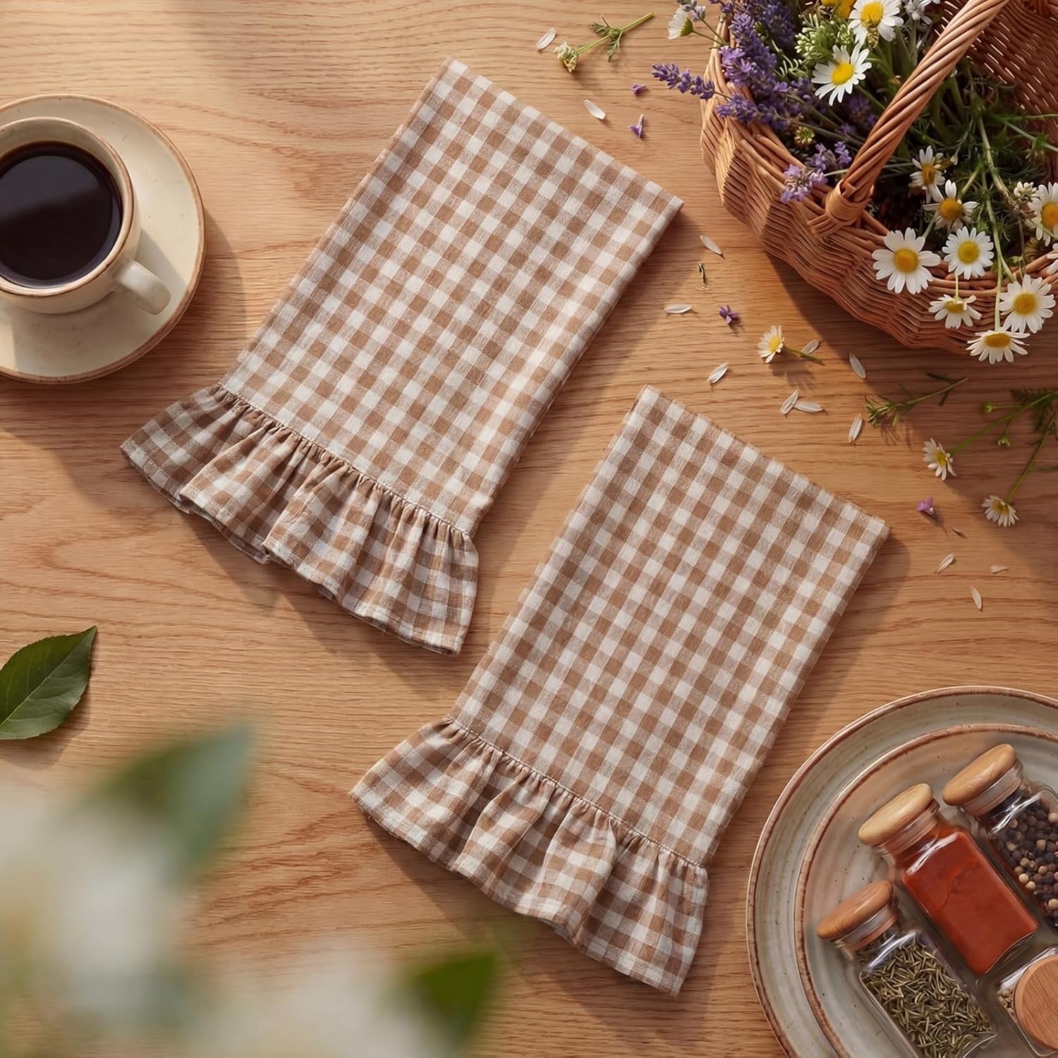 HunnmingRe Taupe Kitchen Towels Set of 2, 100% Cotton Ruffled Gingham Dish Towels 18"x28" Absorbent Tea Cloths Classic Plaid Pattern for Farmhouse Charm, Drying Dishes, Entertaining Guests