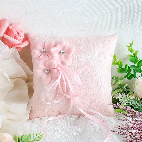 Miniatura 7 de Almohada de anillo rosa con encaje para portador de anillos de 5.9 x 5.9 pulgadas, hecha a mano con diamantes de imitación de flores, almohada para