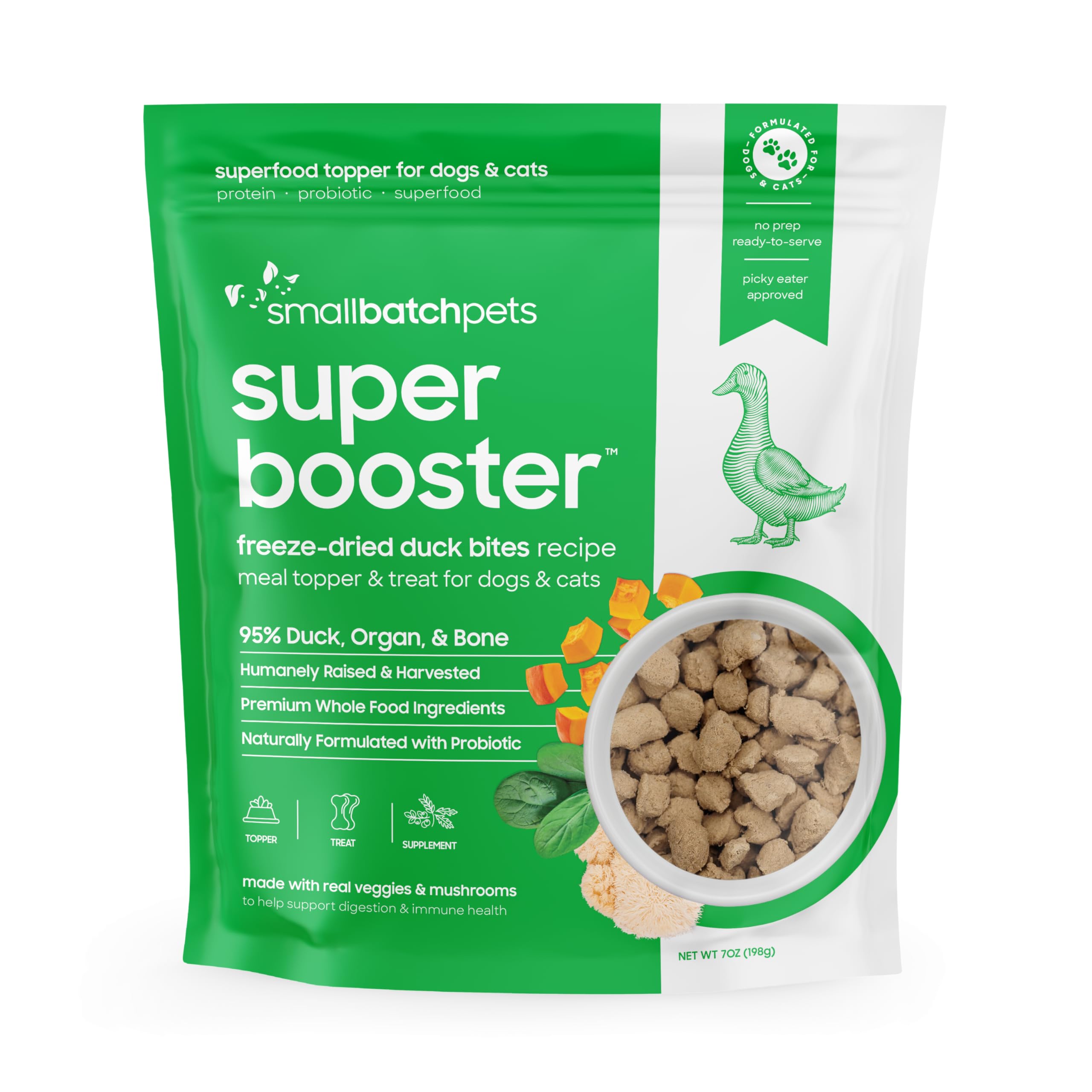 smallbatch Pets Freeze-Dried Super Booster Duck Bites for Dogs & Cats, 7 oz, Made in The USA, Organic Produce, Humanely Sourced Meat, Single Source Protein, Mixer & Topper, Mushrooms and Probiotics