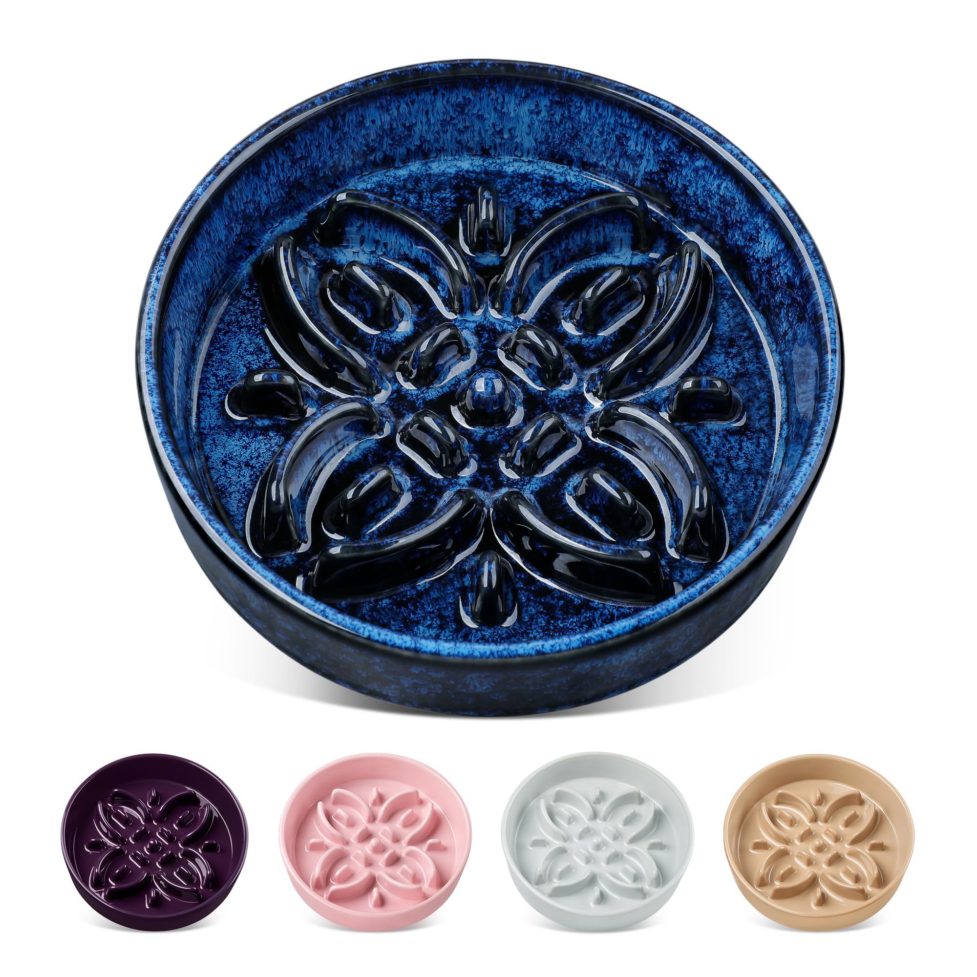 vancasso Ceramic Slow Feeder Dog Bowls, Puzzle Dog Food Bowls with Floral Maze, Anti -Slip Pet Food Dish for Small Breed, 0.6 Cups, Blue