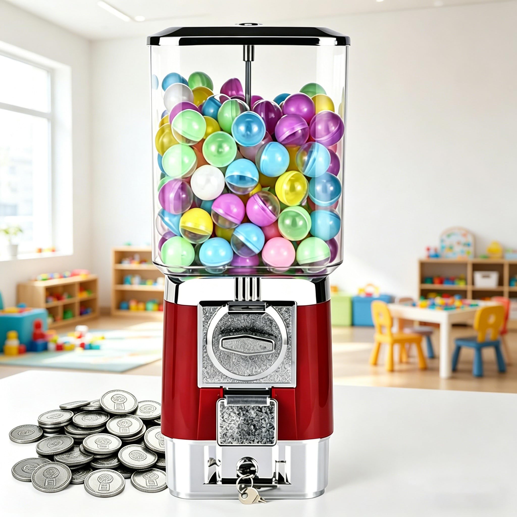 Sushangmao Gumball Machine,Candy Vending Machines, PS Bouncy Balls Dispenser, Holds 220 Pieces Of 32mm/1.26in Gacha Balls, Coin Operated Gumball Bank for Home or Game Stores Red