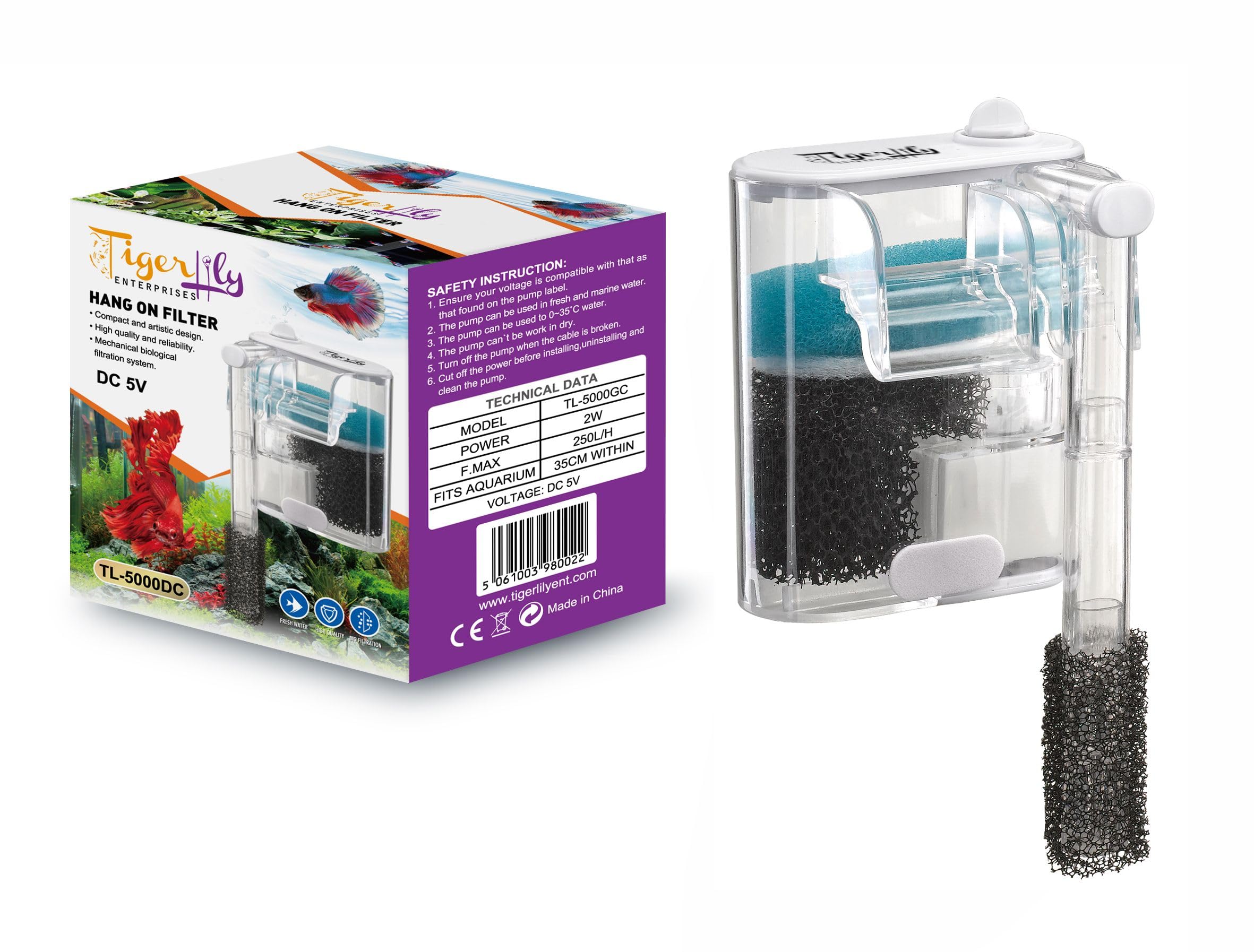 Tigerlily EnterprisesMini Waterfall Aquarium Filter – 250L/H USB-Powered Hang-On Back (HOB) Filter with Adjustable Flow, Ultra Quiet Operation & 3-Layer Filtration for Small/Nano Fish Tanks