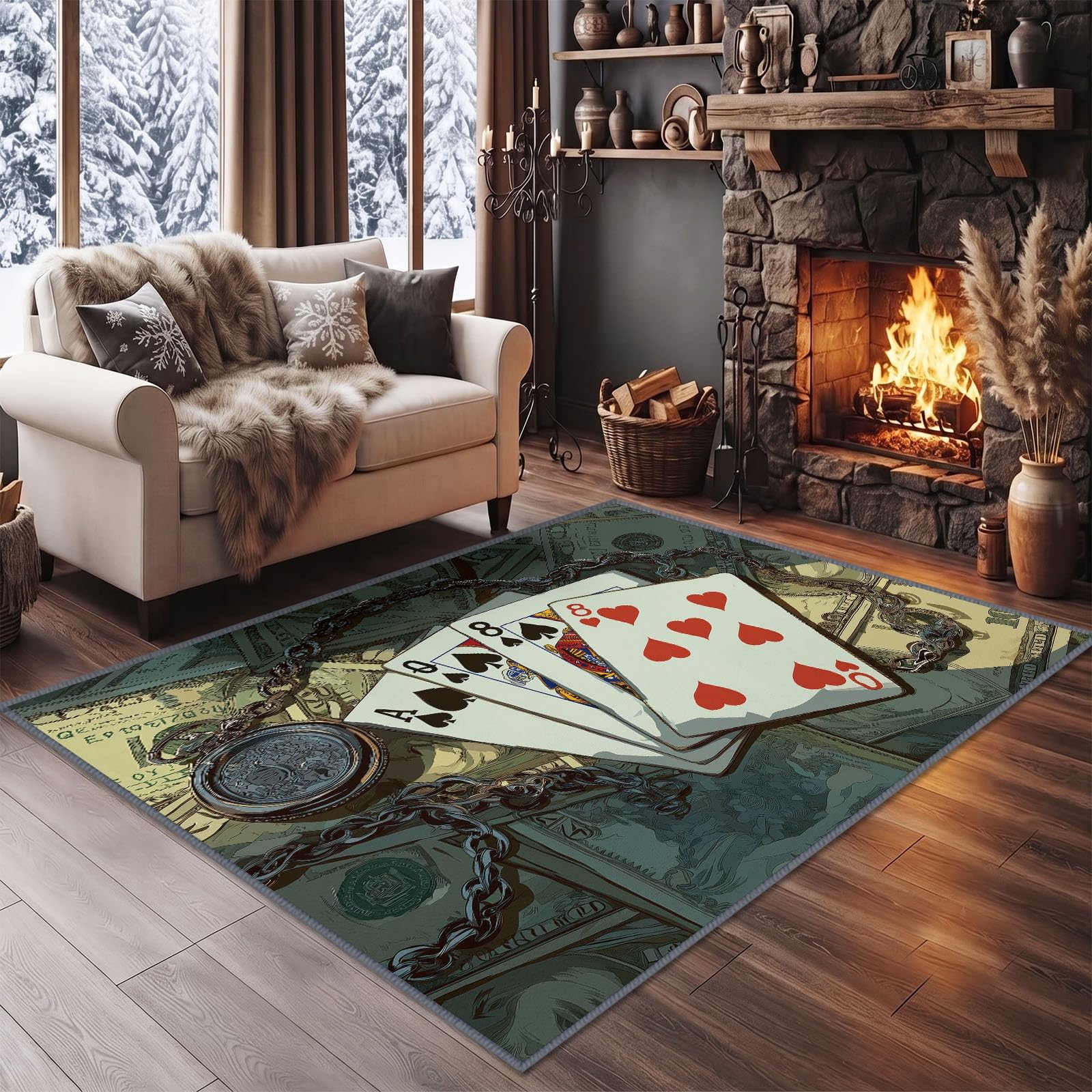 Dywan industrialny w stylu vintage, do sypialni, z niskim runem, 100 x 160 cm, karty do gry, zegarek kieszonkowy, antypoślizgowy dywan do jadalni, można prać w pralce, dywan przyjazny dla dzieci i