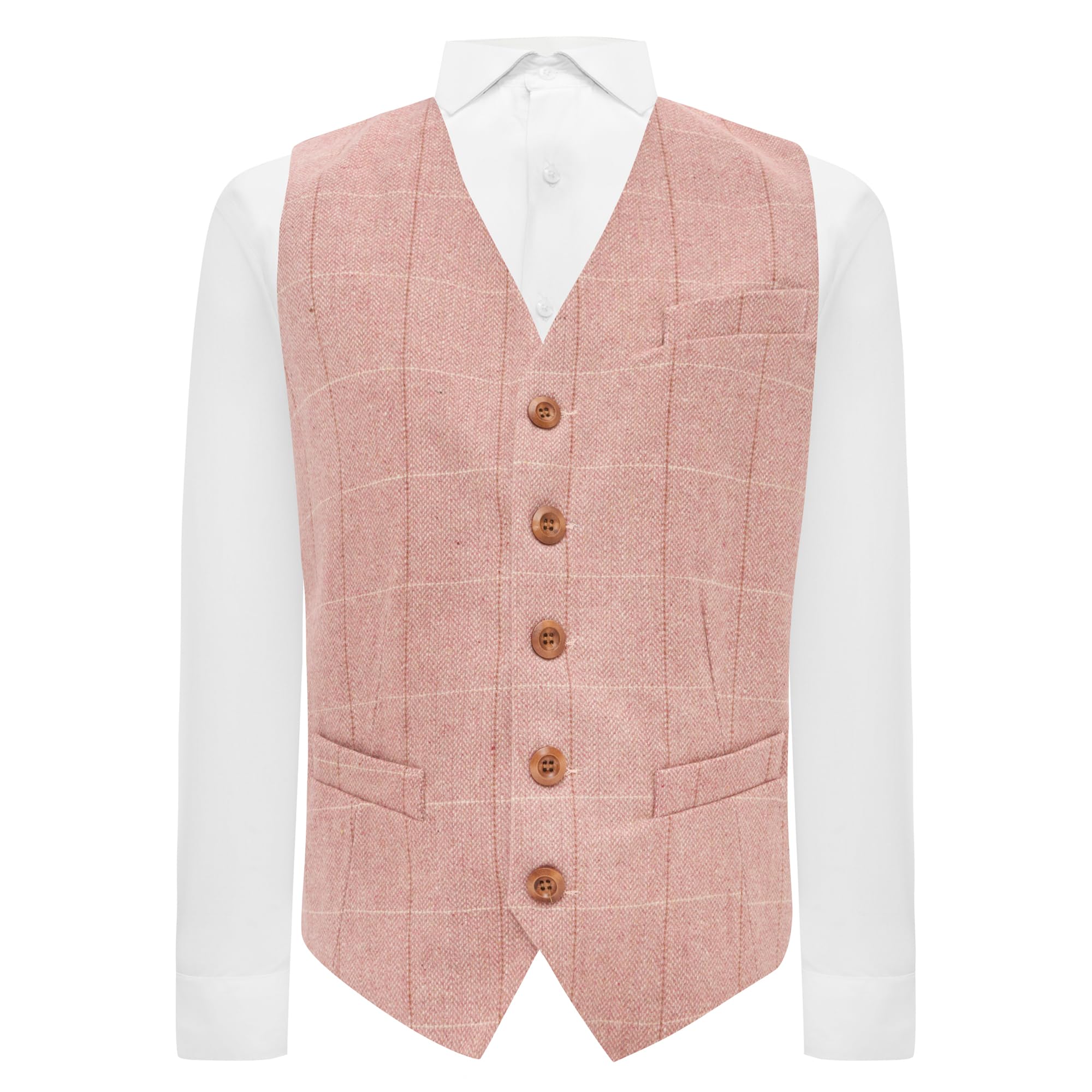 King & Priory Pink Herringbone Windowpane Check Waistcoat - S
