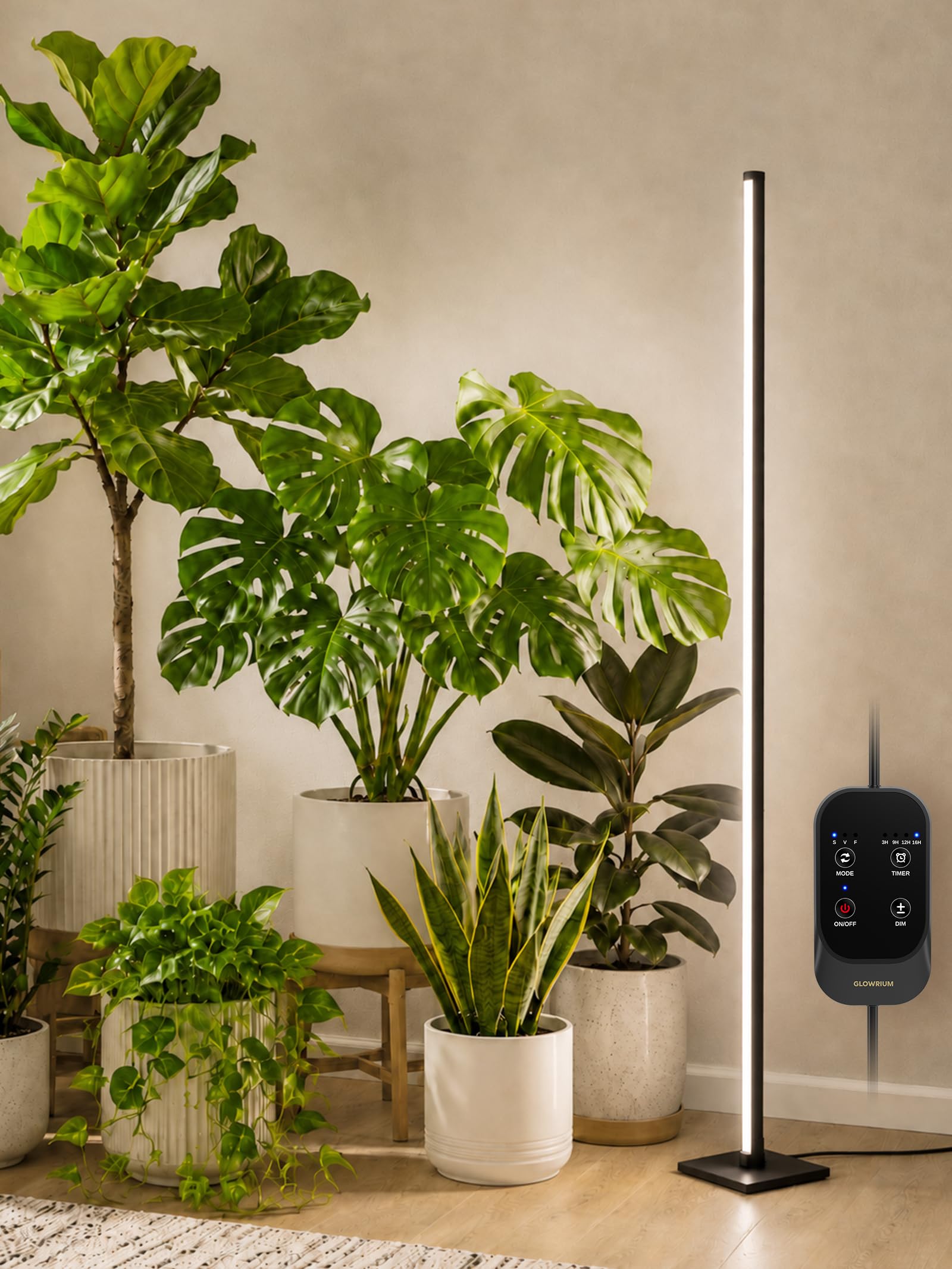 GLOWRIUM - Lampe de culture sur pied pour plantes d'intérieur, lumière verticale à spectre complet de 60 pouces, 3 modes d'éclairage, minuterie automatique, réglable à 6 niveaux, adaptée pour la