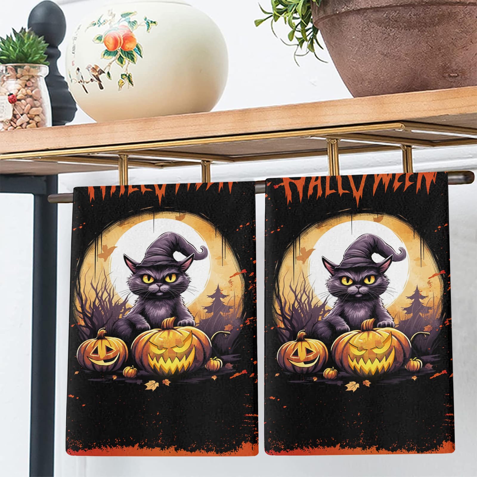 Trapos Cocina Gato Calabaza Negra Paños de Cocina Microfibra Paños Cocina Suaves Lavable Toallas Reutilizables Absorbentes Baño Pañuelo de Mano Trapos de Cocina 2 Piezas (44x74 cm)