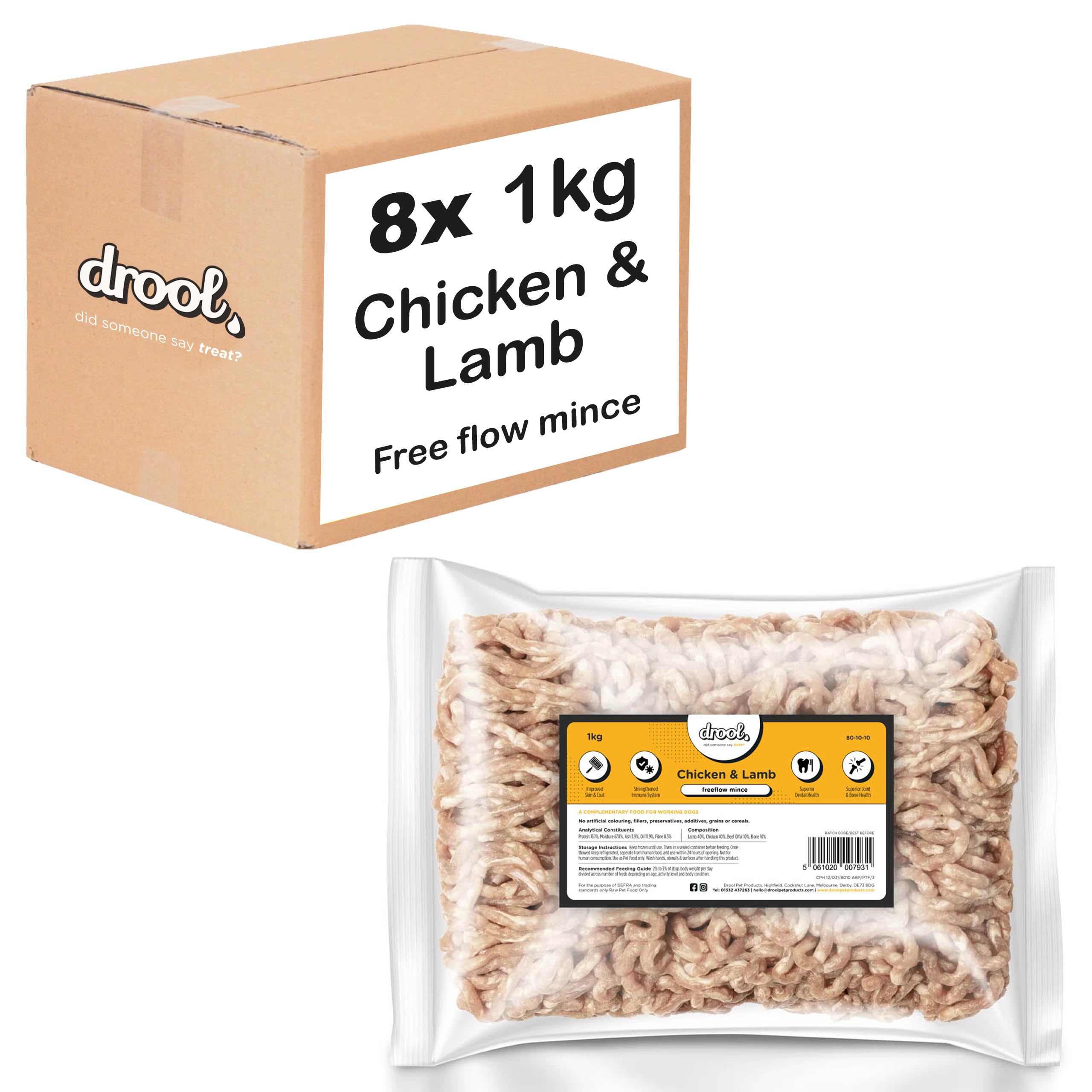 Drool Chicken & Lamb Freeflow Mince 8 x 1kg | 100% Natural Raw Dog Food | Premium Raw | Frozen Dog Food for Optimal Canine Health