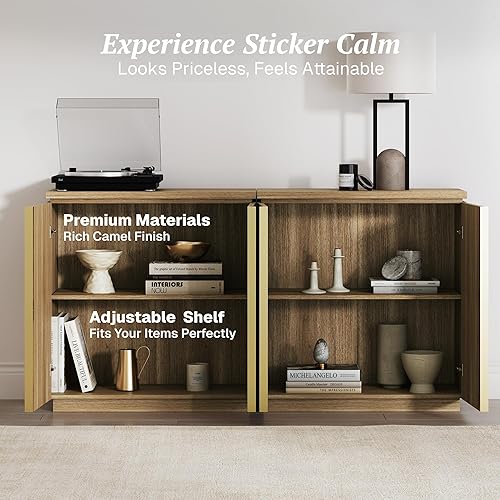 Miniatura 4 de BELLEZE - Gabinete de aparador de 31 pulgadas de estilo moderno de mediados de siglo, gabinete de buffet con arco de madera y almacenamiento, mesa