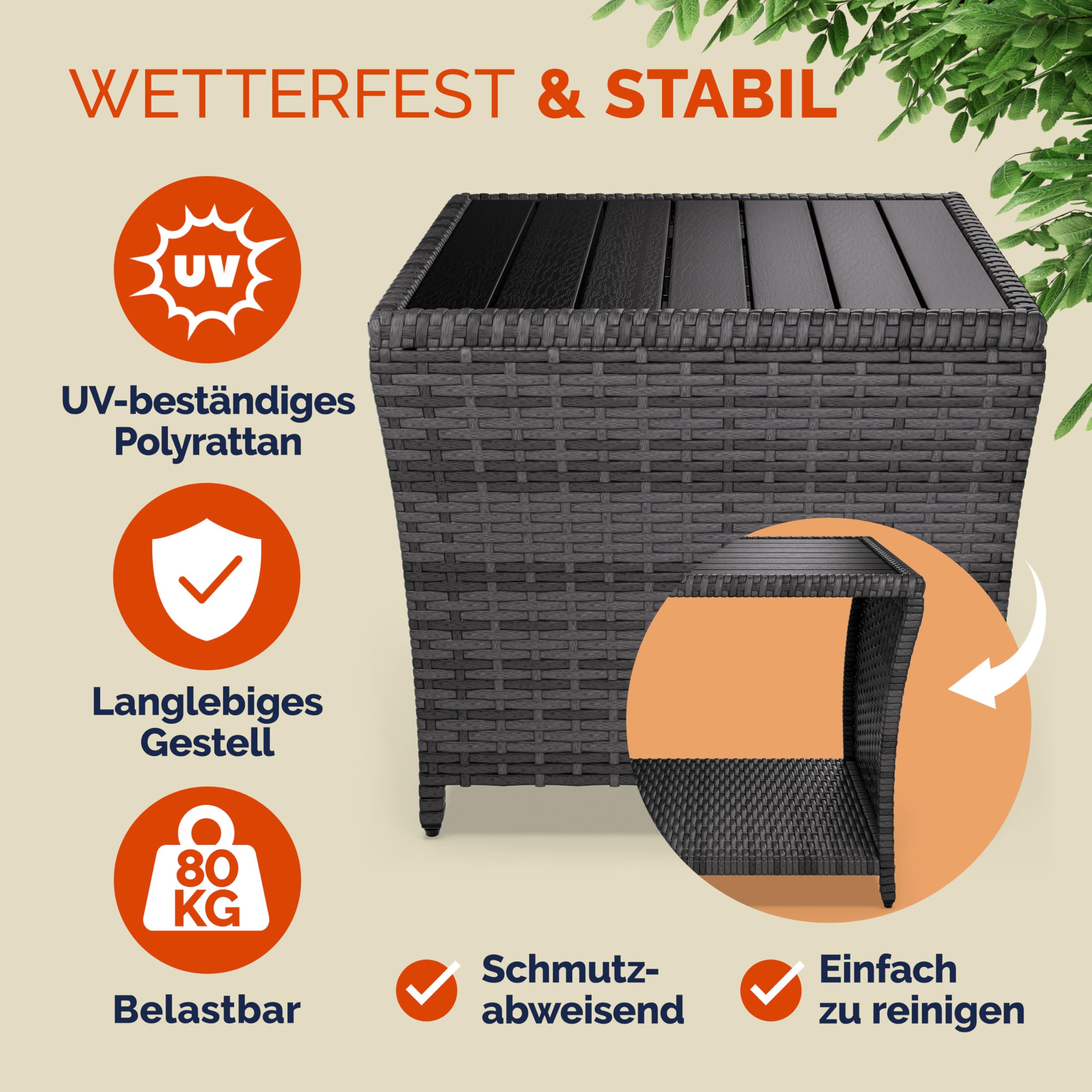 Casaria® Polyrattan Beistelltisch mit WPC Tischplatte Grau | 45x45x40cm, 80kg Belastbarkeit, Wetterfest, Tisch, Ablagetisch, Balkon, Terrasse, Garten, Outdoor, Gartenmöbel, Coffee table