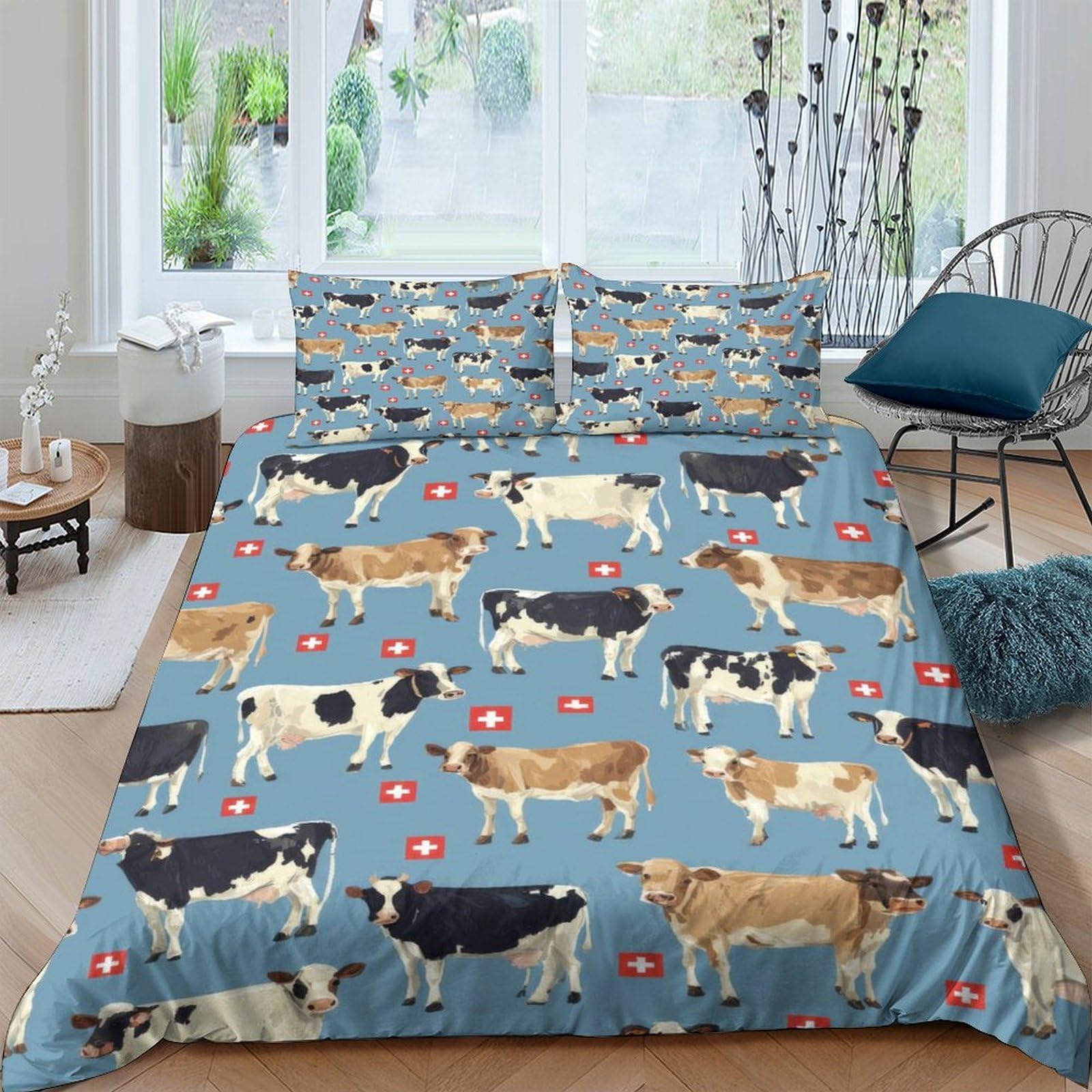 Ctjqhvkz Style-5 3D Printed Cow Blue Fitted Sheet Microfiber Soft Breathable Pasture Pattern Mattress Cover Bedroom Decor Single（135X200cm）