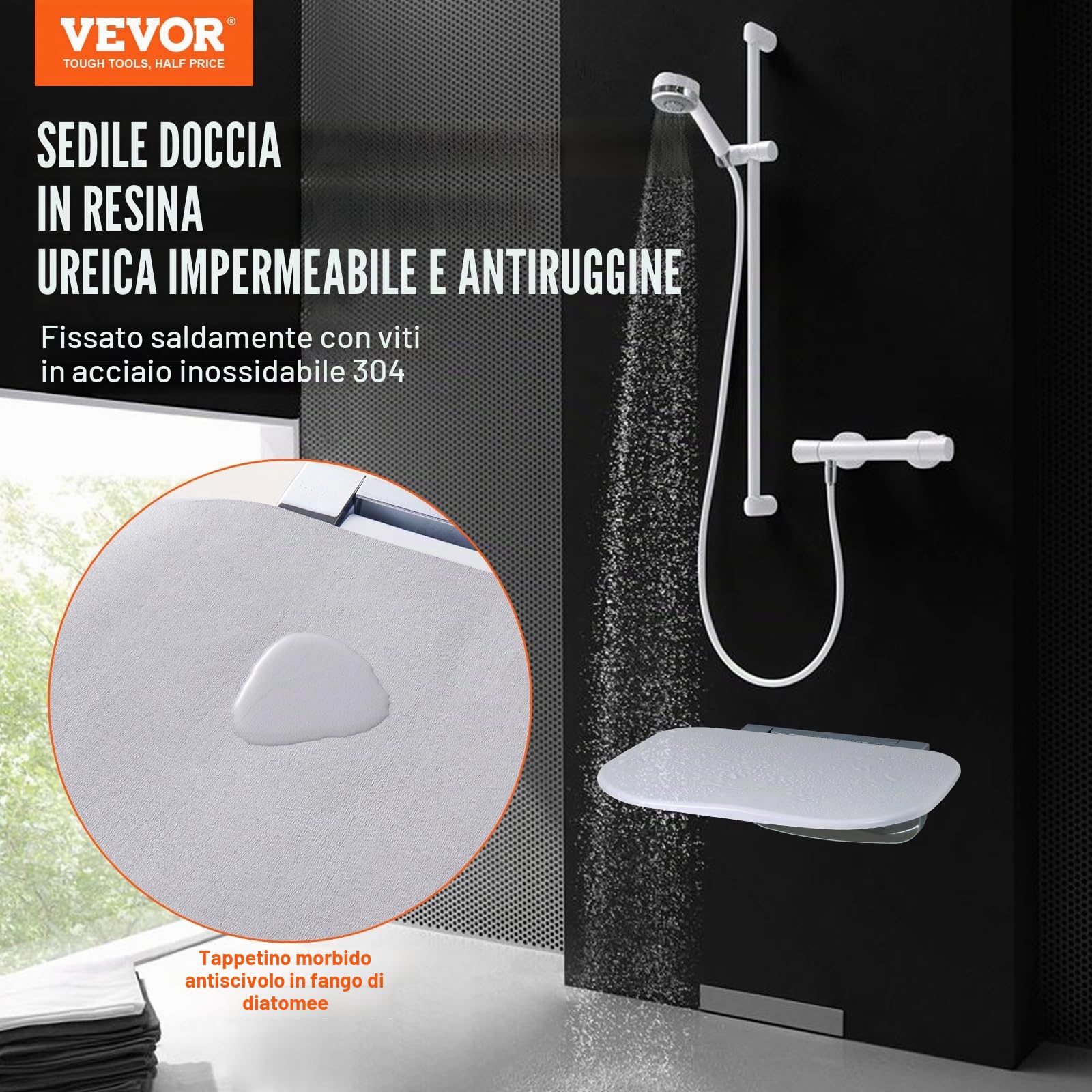 VEVOR Sedile per Doccia Pieghevole con Urea-Formaldeide 345 x 325 x 270 mm Panca per Doccia Pieghevole a Parete, Capacità di 204 kg Sedia da Doccia Pieghevole Salva Spazio per Anziani Bambini Adulti