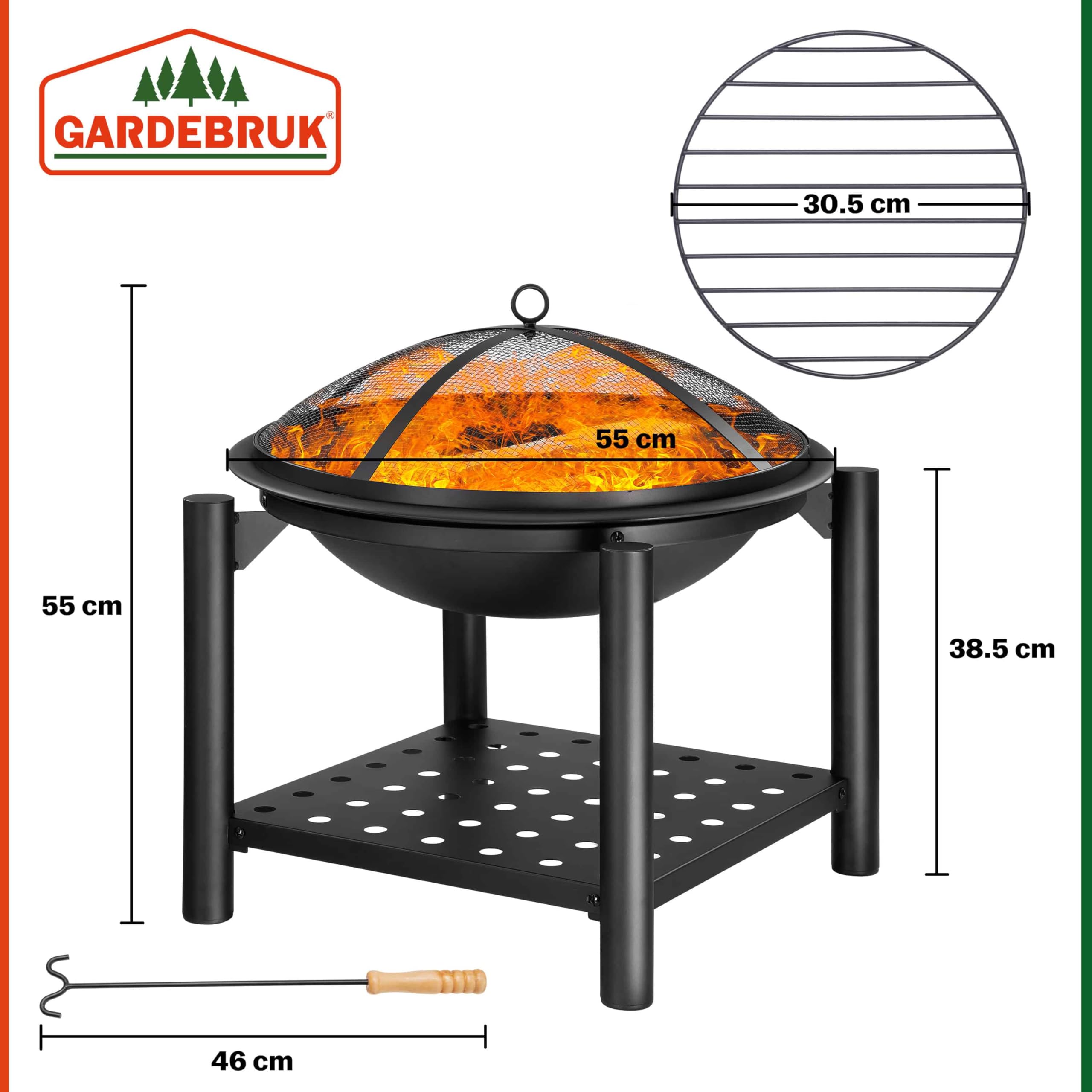 Deuba Braciere Rotondo Ø 55cm Attizzatoio Parascintille Ripiano Portaoggetti Camino Giardino Stufa