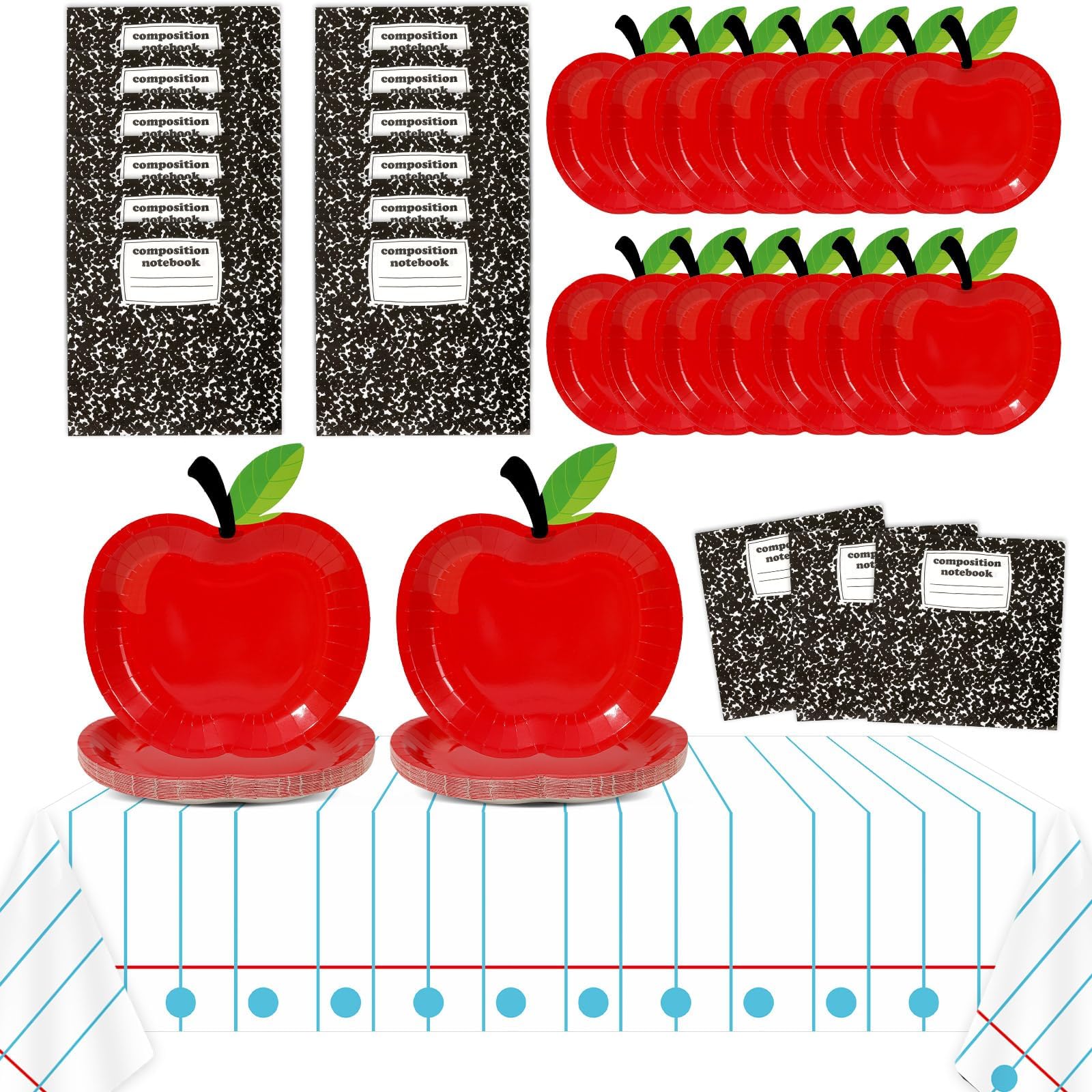 Back to School Party Supplies Serves 24 First Day of School Decorations Party Paper Plates Napkins Red Apple Composition Notebook Disposable Tablecloth Set Tableware Kit for Preschool Teacher Party