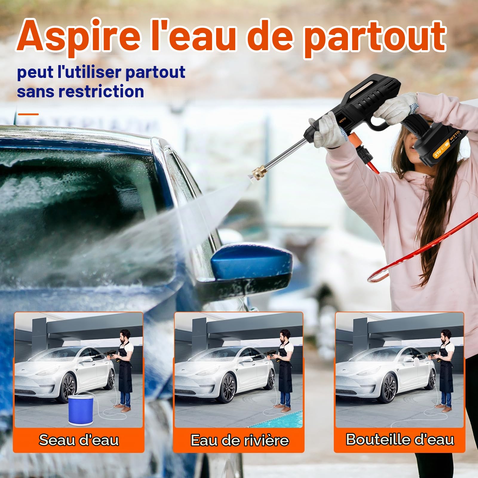 Nettoyeur Haute Pression avec Batterie,21 V buse Multifonction 3 en 1, 1500 W,60 Bar,Nettoyeur Haute Pression Portable,avec 2 Buses,2 Batteries,Tuyau de 5 m,Nettoyeur Haute Pression(Pas de Seau)