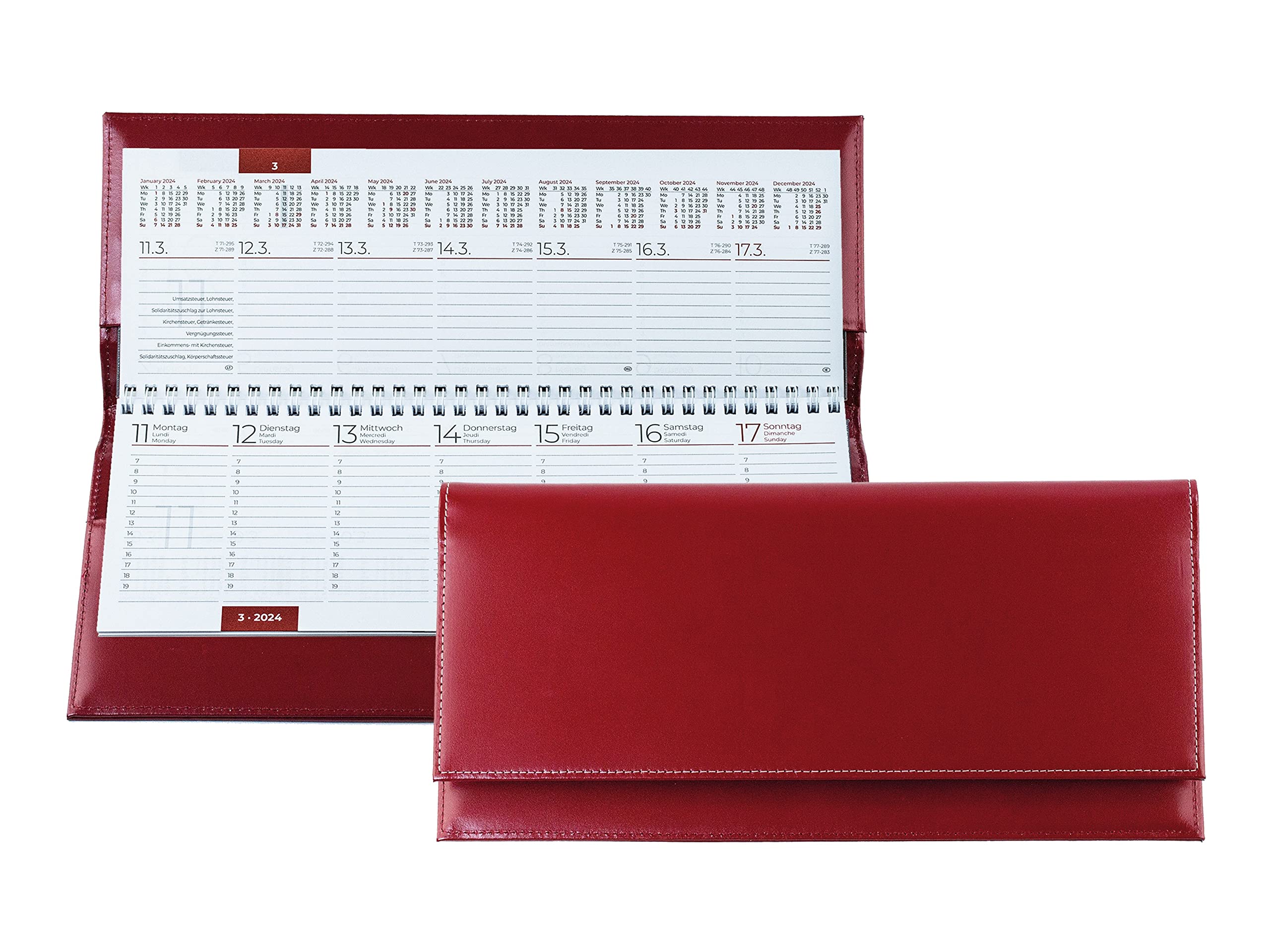 DELMON VARONE - Tischquerkalender 2027 Cambridge Top Grain Leder Rot - Tischkalender Quer 1 Woche auf 2 Seiten - Echtleder Wochenplaner Kalender - Büro & Schreibtisch Wochenkalender Organizer