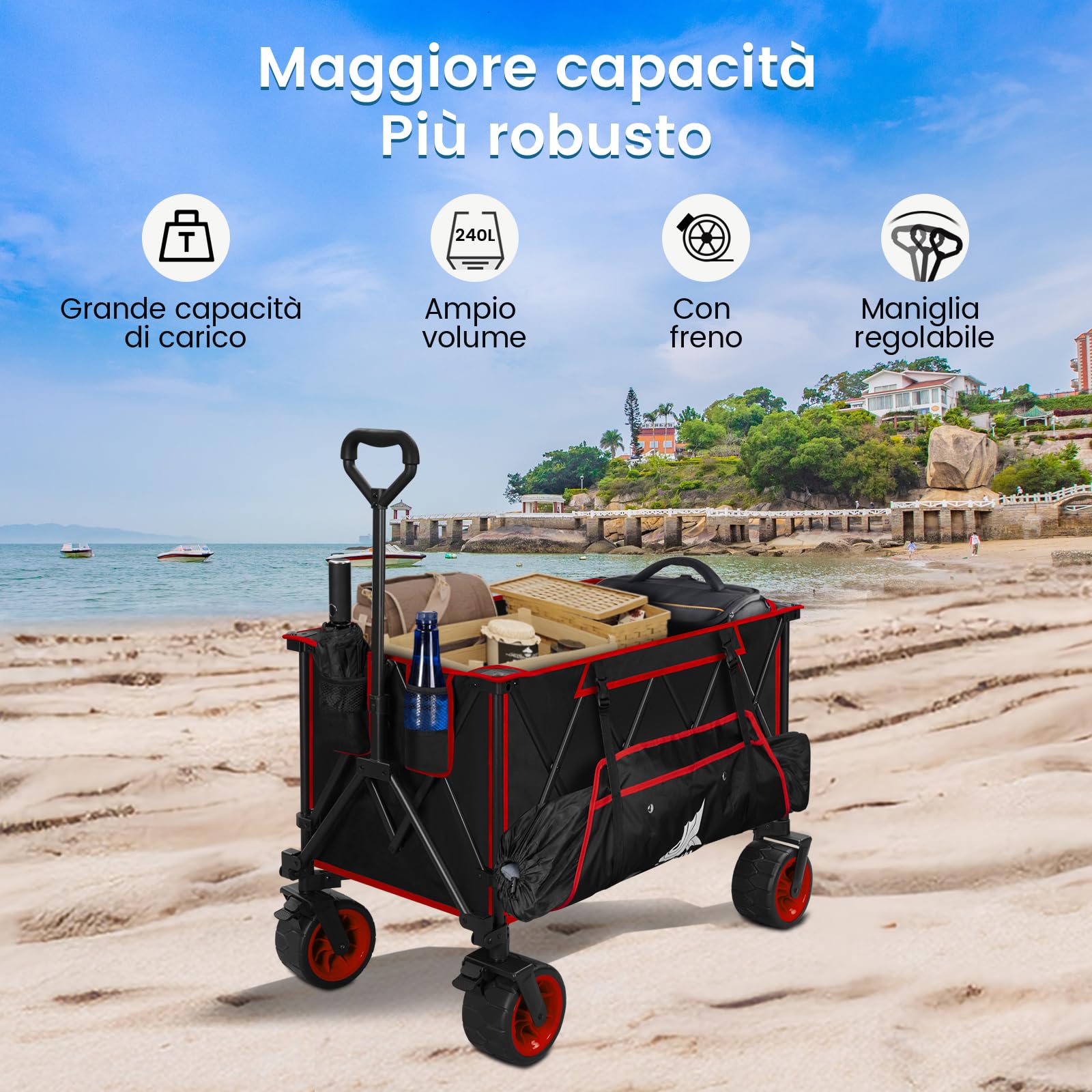 WOLTU Carrello Pieghevole con Ruote da Spiaggia, Giardino, Campeggio, Viaggio, Spesa, con Borsa di Trasporto, Oxford+Acciaio, Nero+Rosso
