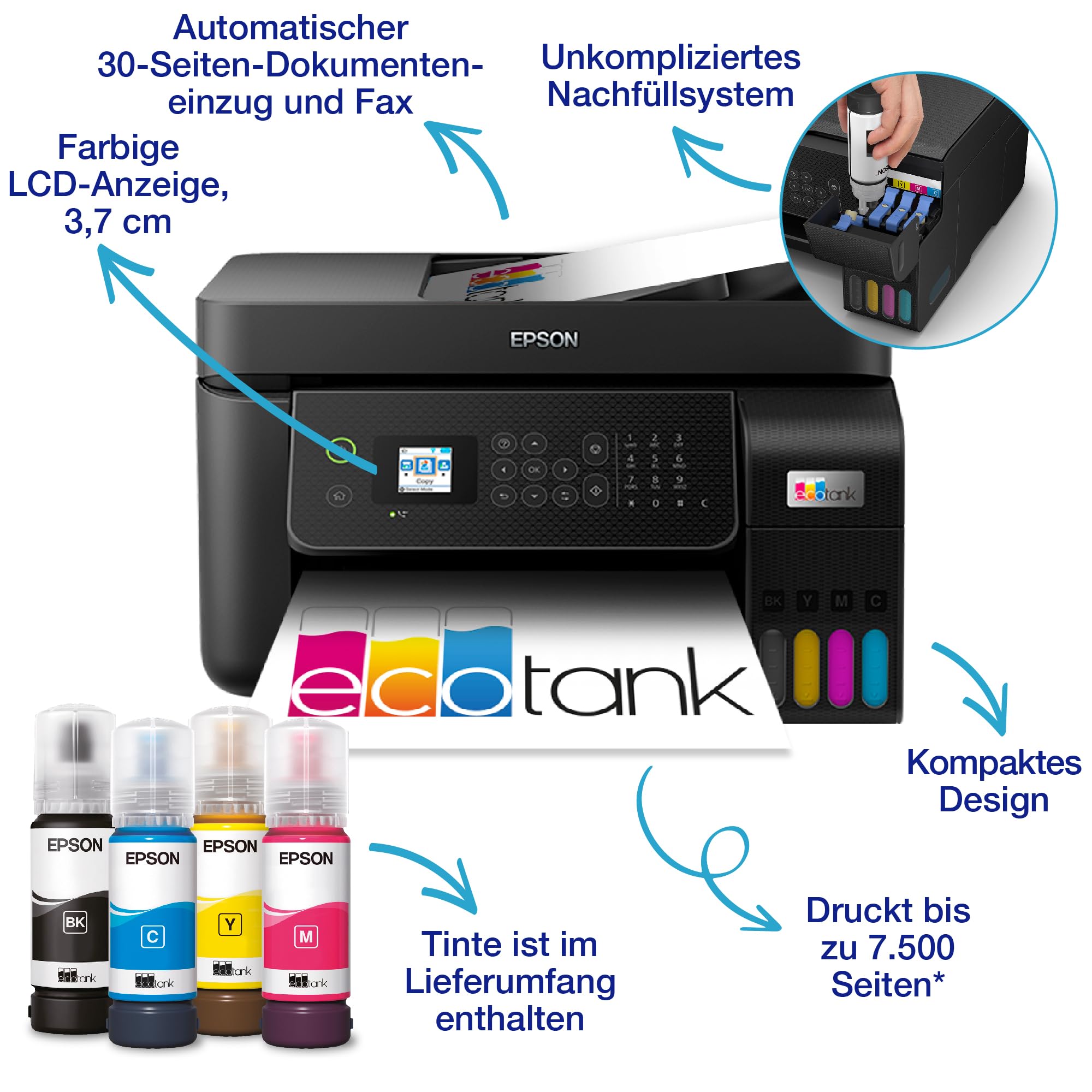Epson EcoTank ET-4800 Tintentankdrucker A4 WLAN Ethernet Drucken Kopieren Scannen Faxen ADF LCD-Display