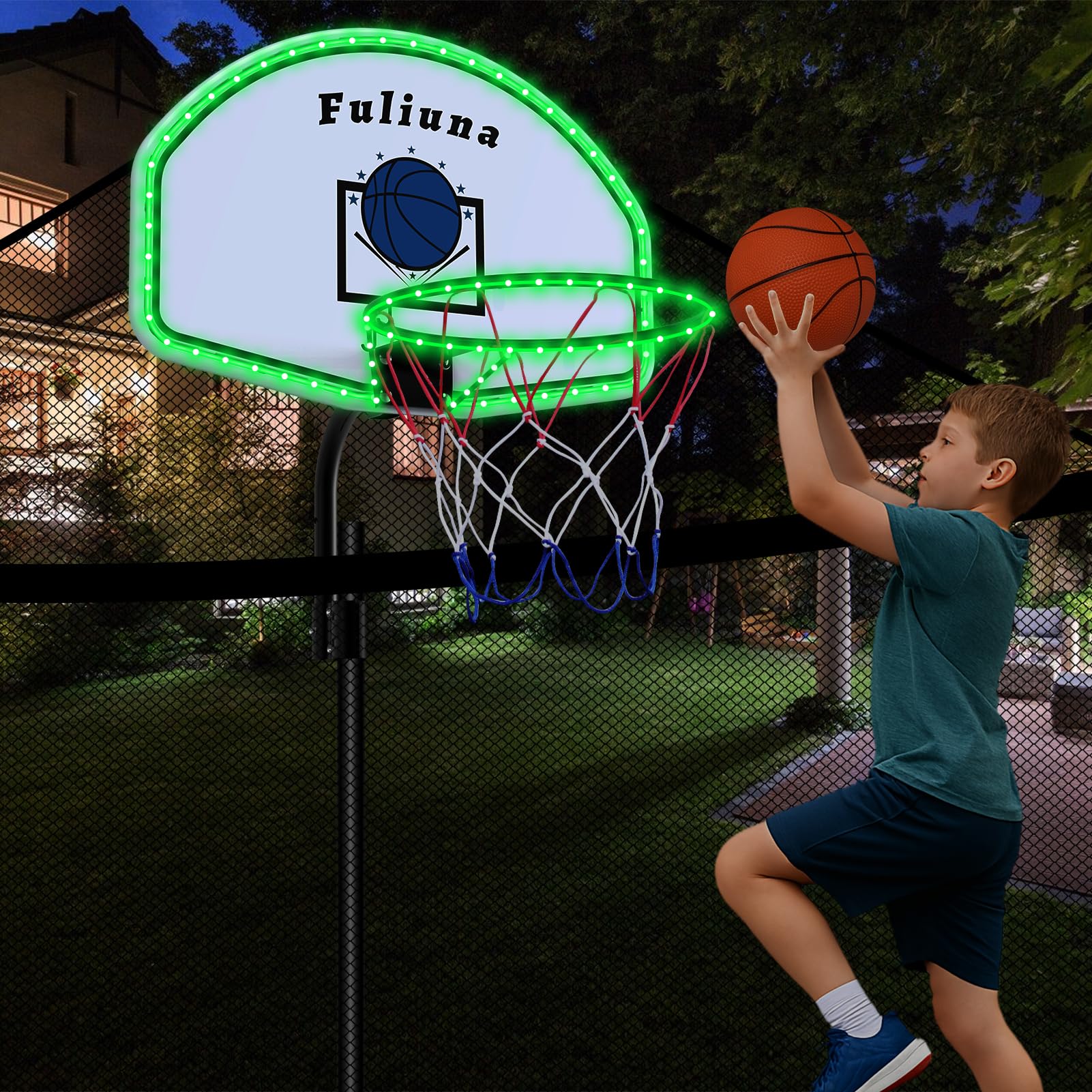 Photo 1 of *Rust* Alpcouts Trampoline Basketball Hoop with LED Lights, Solar Powered Basketball Hoop for Trampoline Fits for Straight Pole & Curved Pole, Trampoline Basketball Hoop Attachment with Mini Ball and Pump.