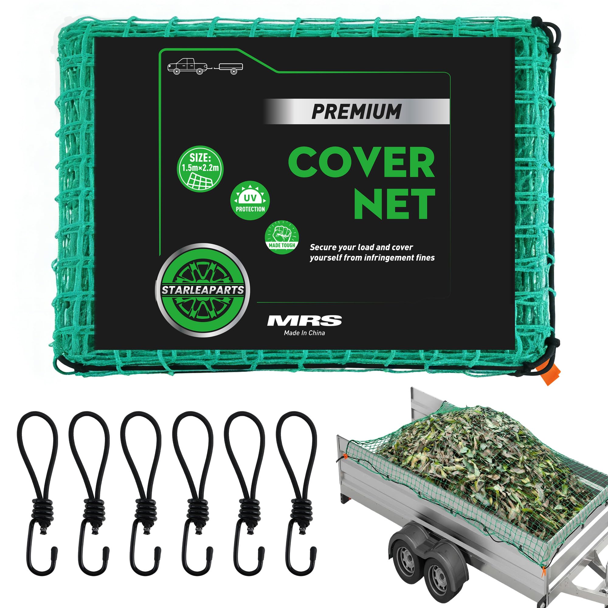 STARLEAPARTS Anhängernetz 1,5x2,2 M, Inkl. 6 Spannhaken, Eckmarkierungen, Verstärktes Gummiseil, 780N, Transportnetz zur Ladungssicherung, PKW Zubehör Gepäcknetz, Grün