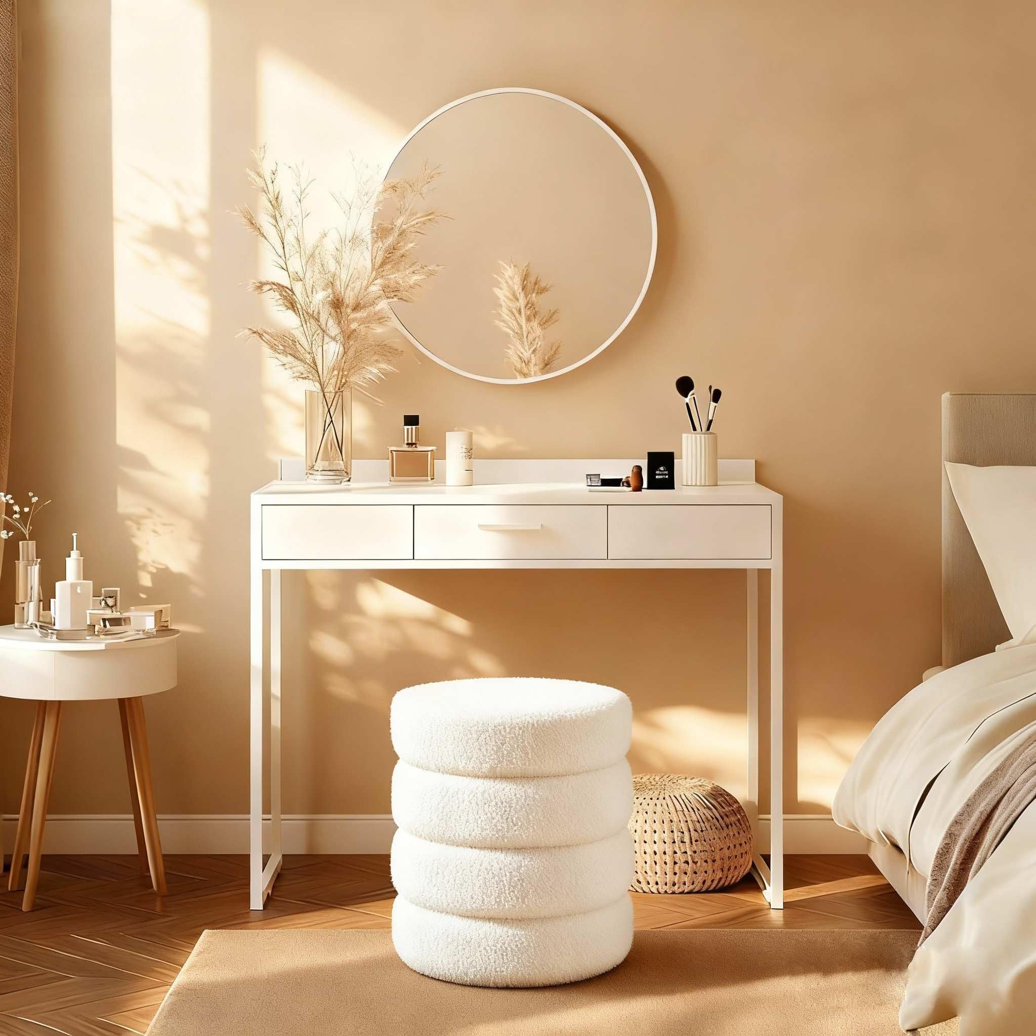 Taburete Redondo de Bouclé Blanco con Almacenaje y Tapa Reversible – Puff Multifuncional para Tocador, Salón, Dormitorio y Habitación Infantil