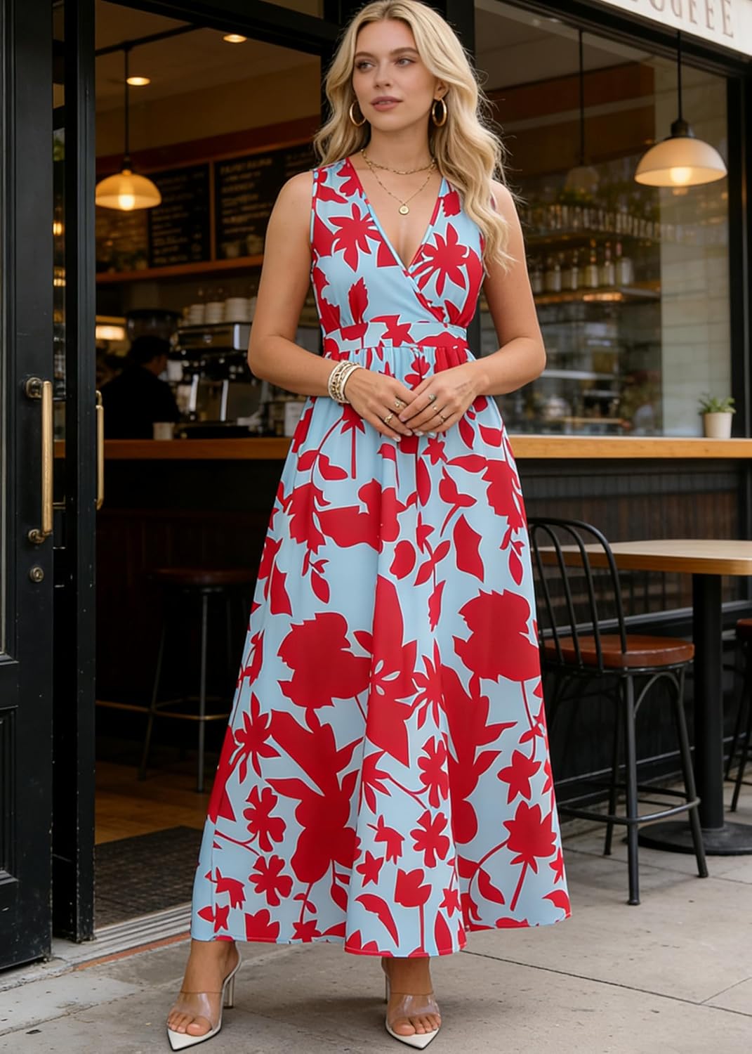 Women's V-Neck Wrap Floral Maxi Dress Sleeveless Empire Waist 2026 Summer Beach Vacation Flowy Dress - Image 3