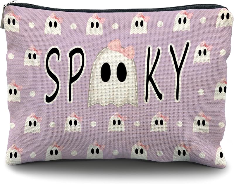 Necessaire de maquiagem Likjad roxa e rosa com laço, estampa de Halloween